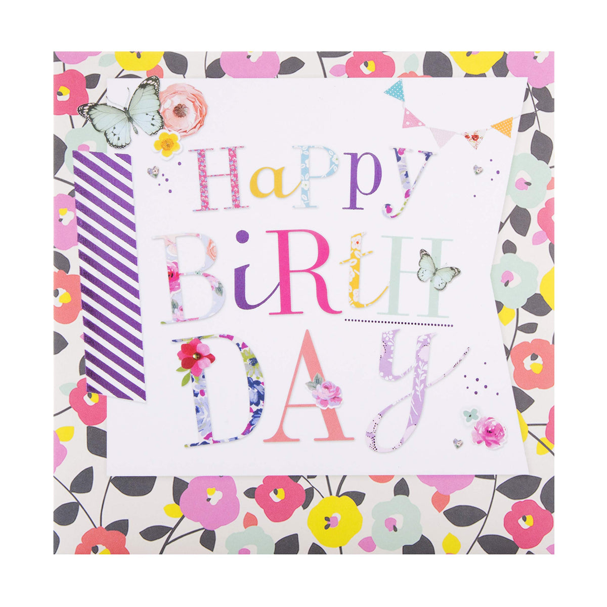 Hallmark Birthday Card - Butterfly & Floral Design, Embossed, Purple Foil, Pink Envelope