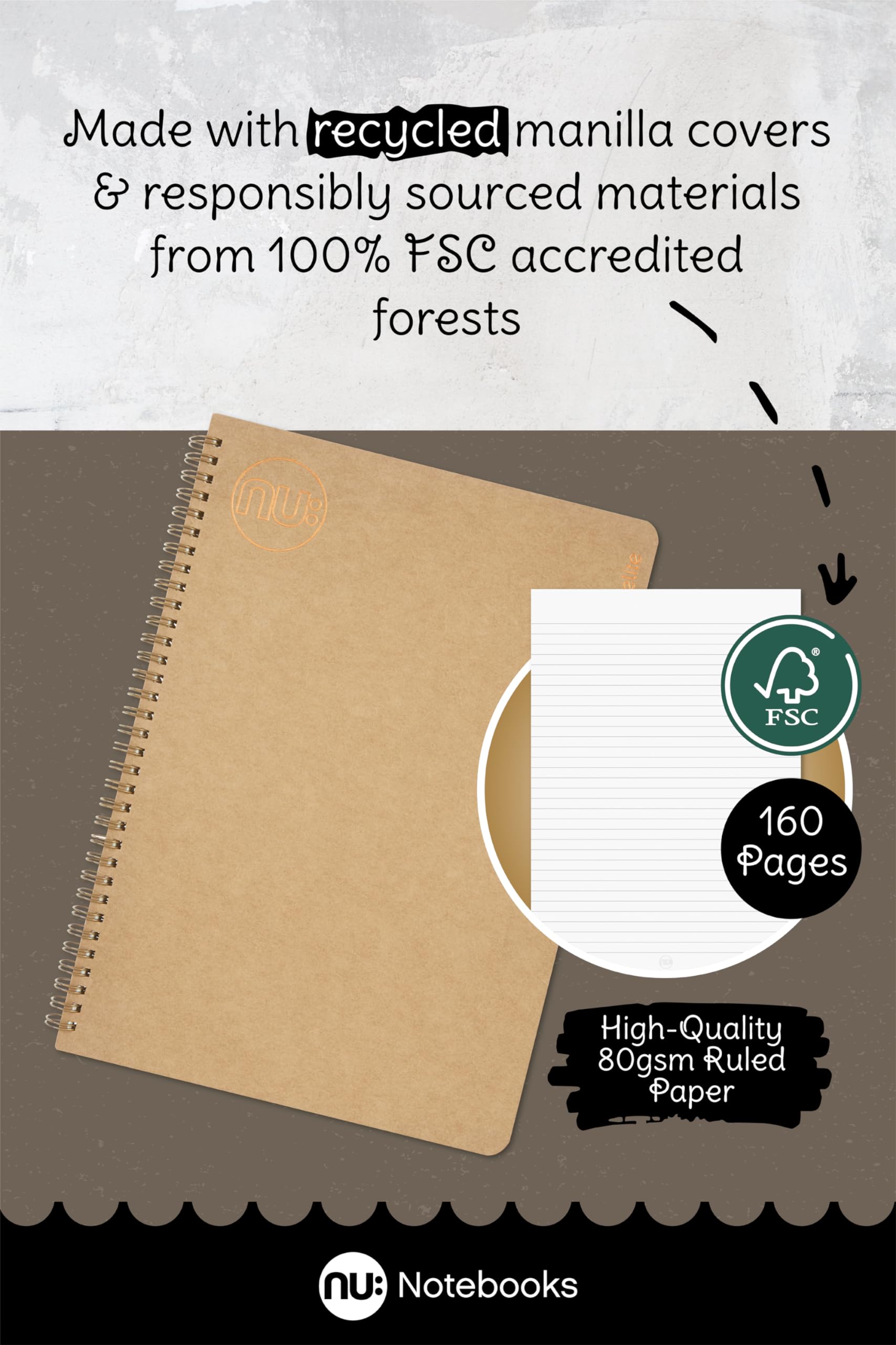 nu: Kraft Range A4 Wirebound Notebook - 160 Pages Ruled Cream Paper | 3 Pack