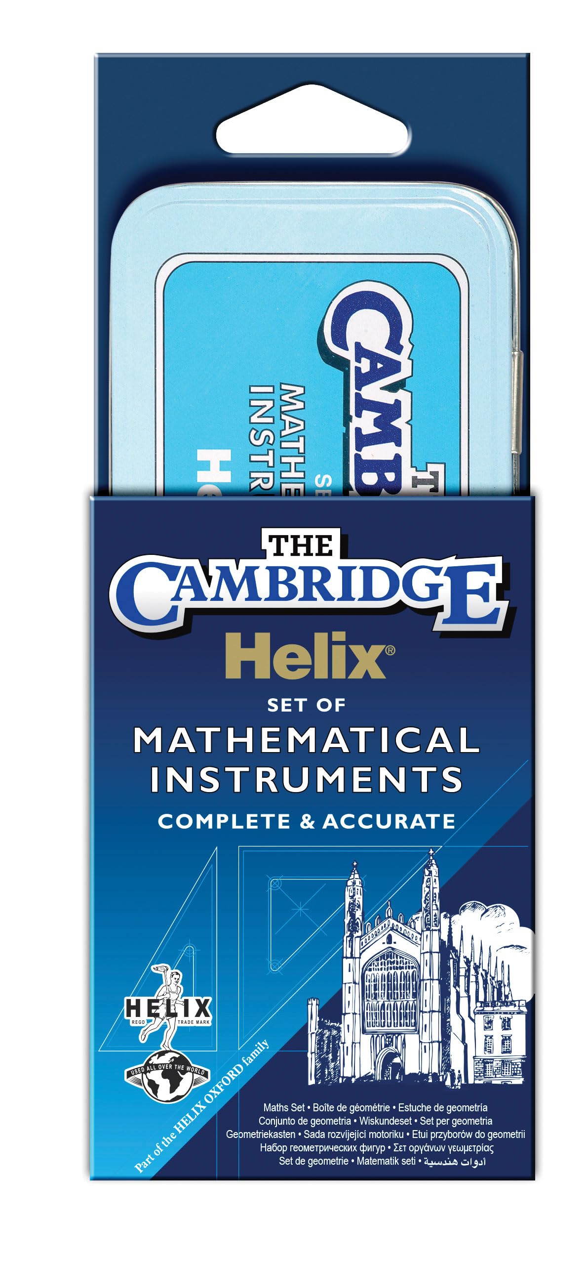 Helix Cambridge Maths Set - 9 Piece Geometry Equipment with Durable Metal Storage Tin