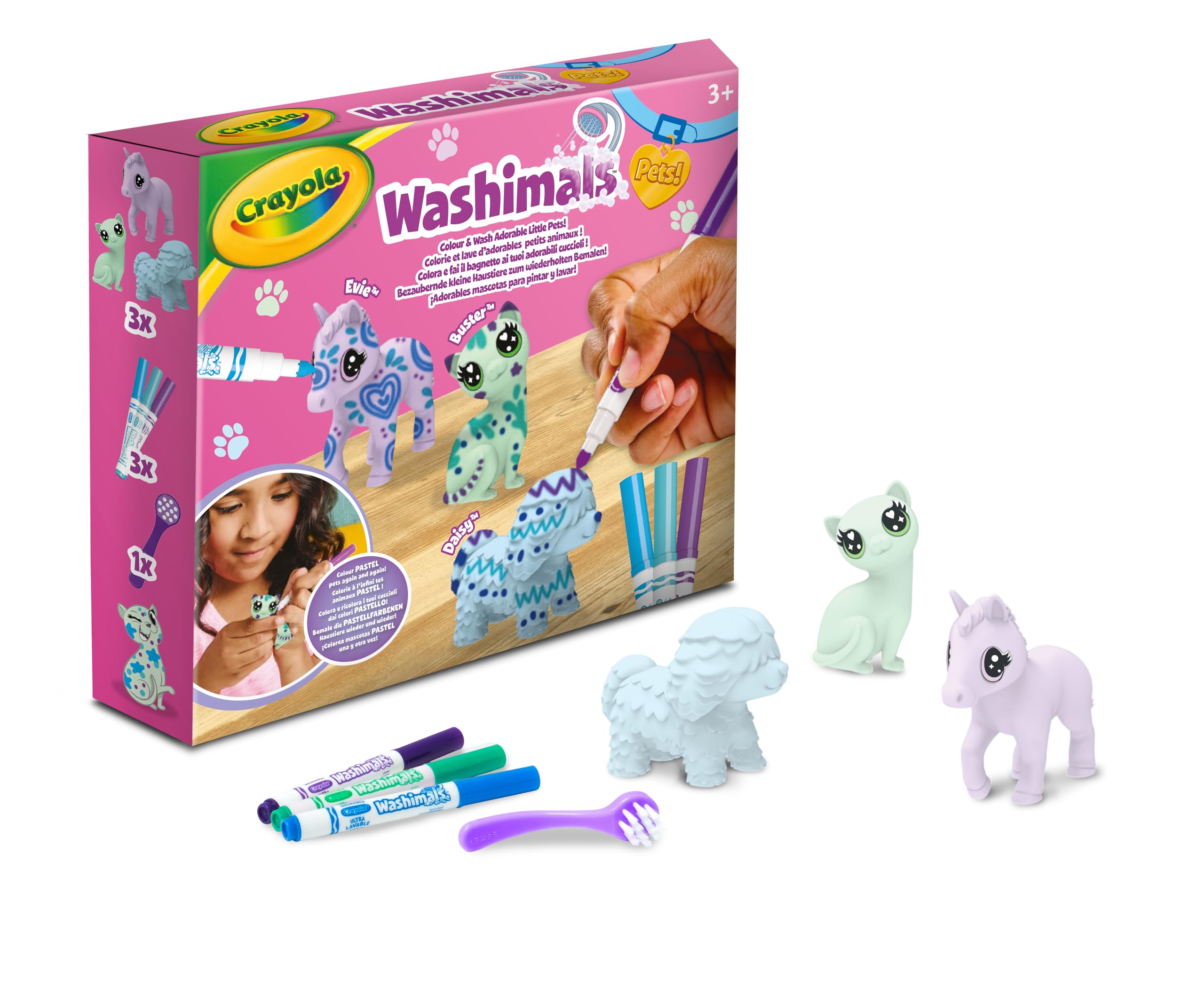 Crayola Scribble Scrubbie Pastel Pets - 3 Washable Markers & Brush, Ages 3+ 1