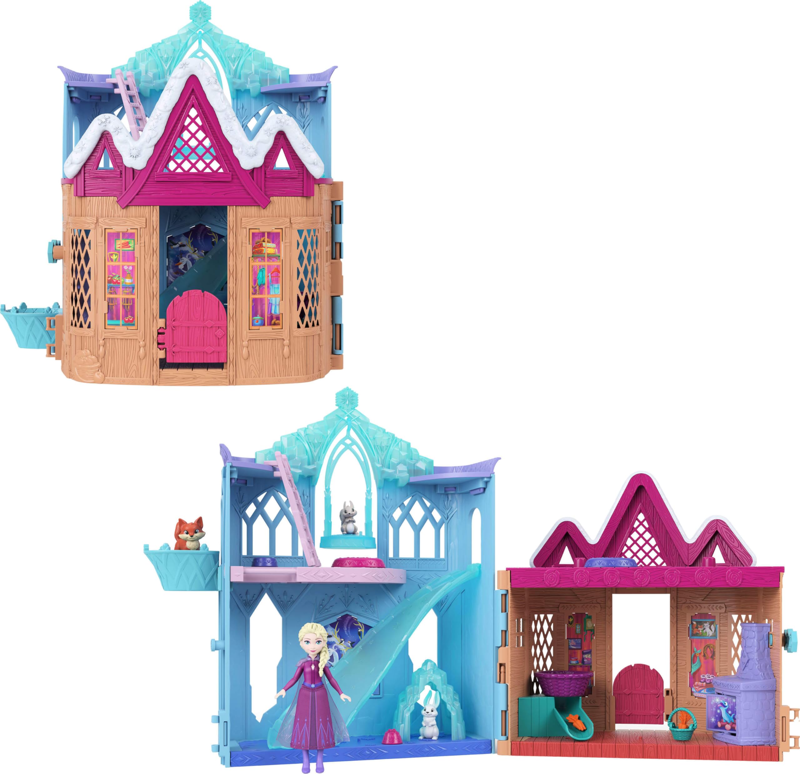 Mattel Disney Frozen Elsa Small Doll Playset with 10 Play Areas, 3 Animal Friends, Purple, 12 Inches Wide
