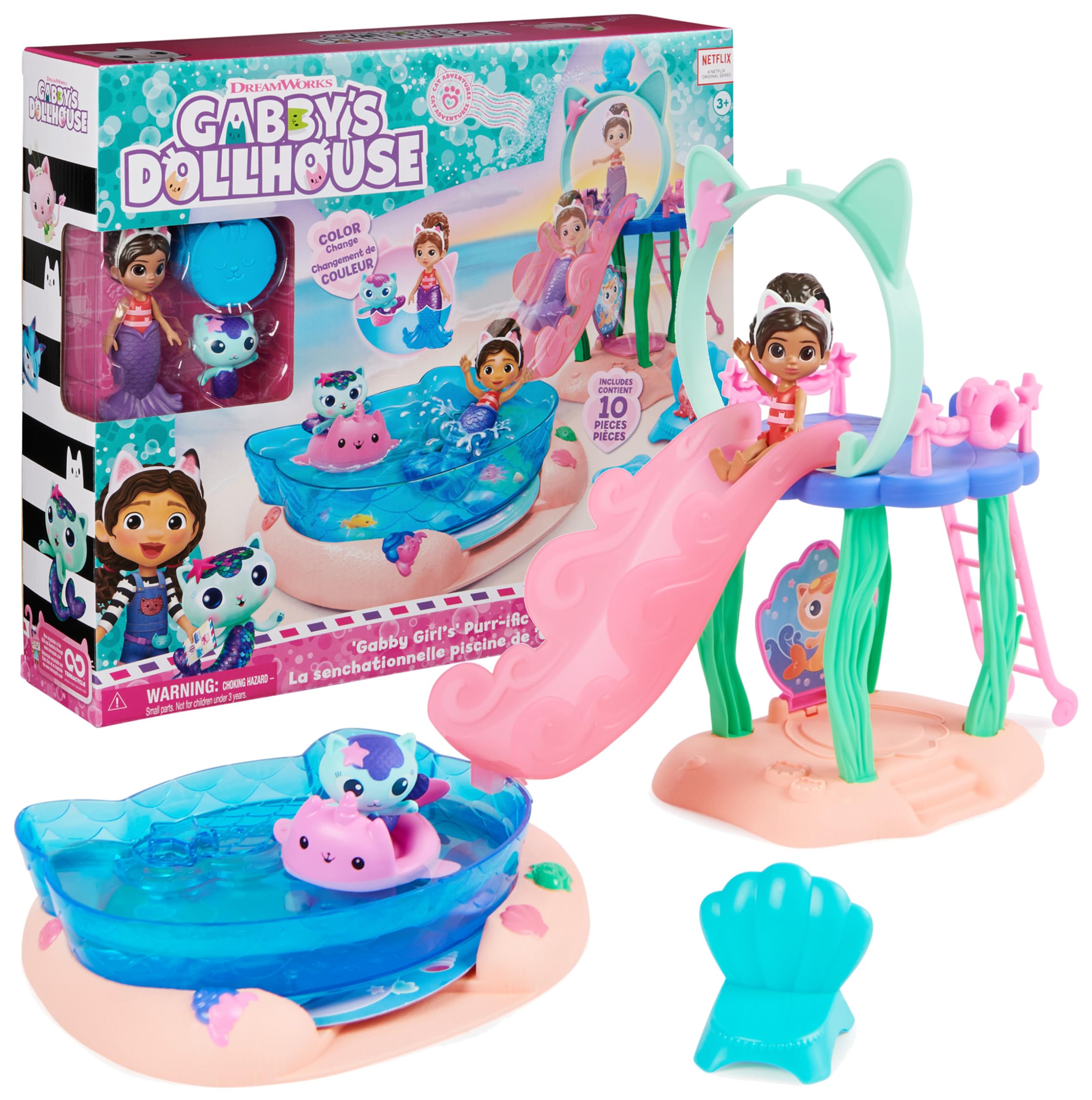 Gabbys Puppenhaus, Purr-ific Pool-Spielset mit Gabby- und MerCat-Figuren, farbwechselnden Meerjungfrauenschwänzen und Pool-Zubehör. Kinderspielzeug für Kinder ab 3 Jahren