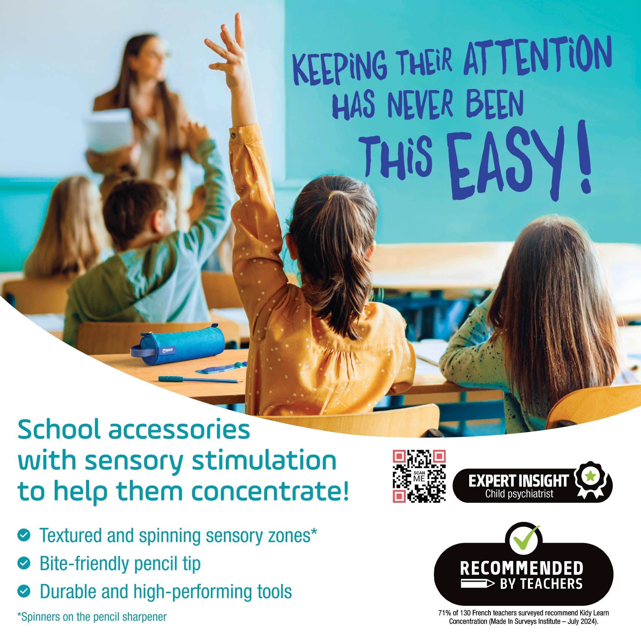 Maped Kidy Learn Concentration Ruler - 20cm, Shatterproof PET, Blue | Sensory Zones