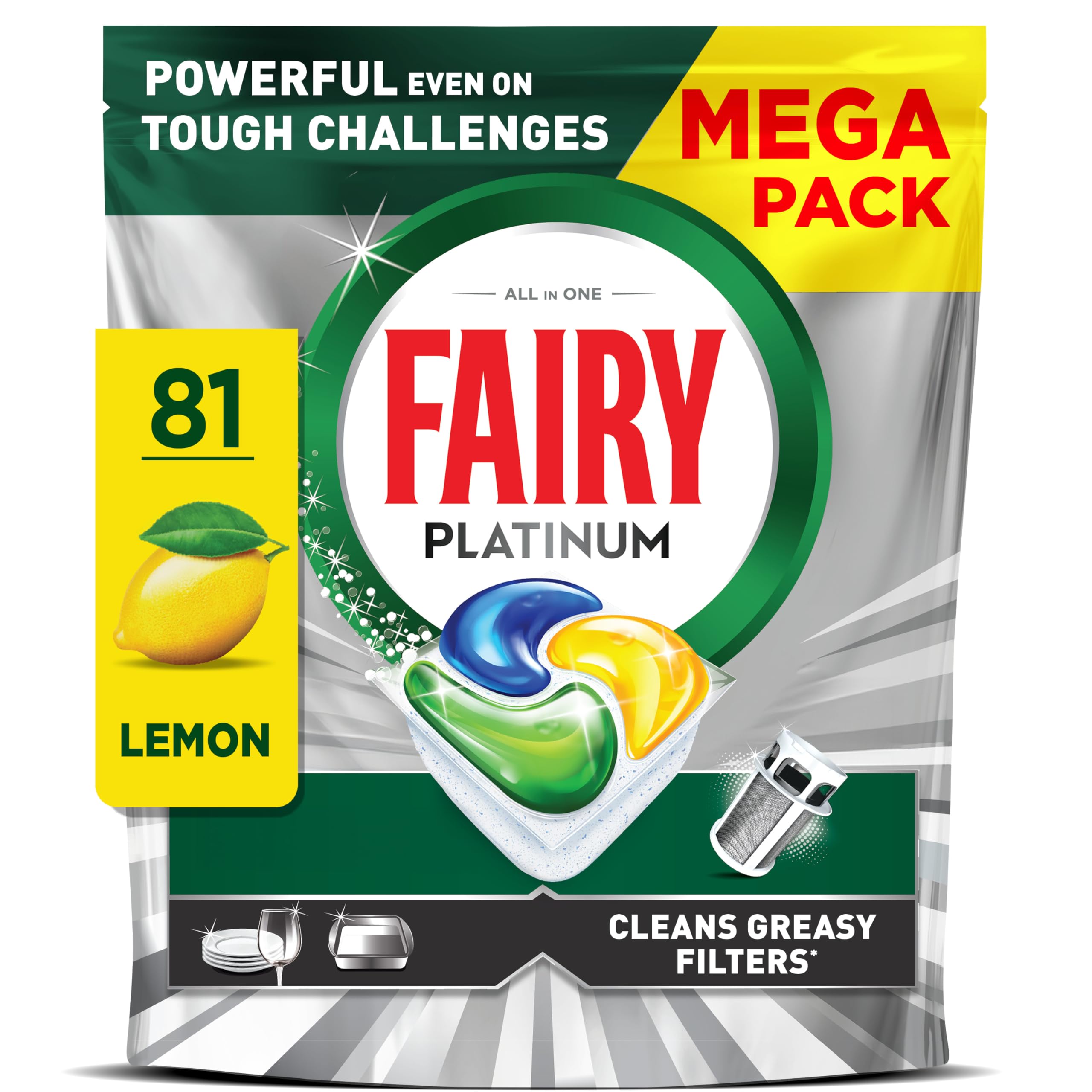 Fairy Platinum Dishwasher Tablets Lemon Scent - 81 Count All-in-One Power 1