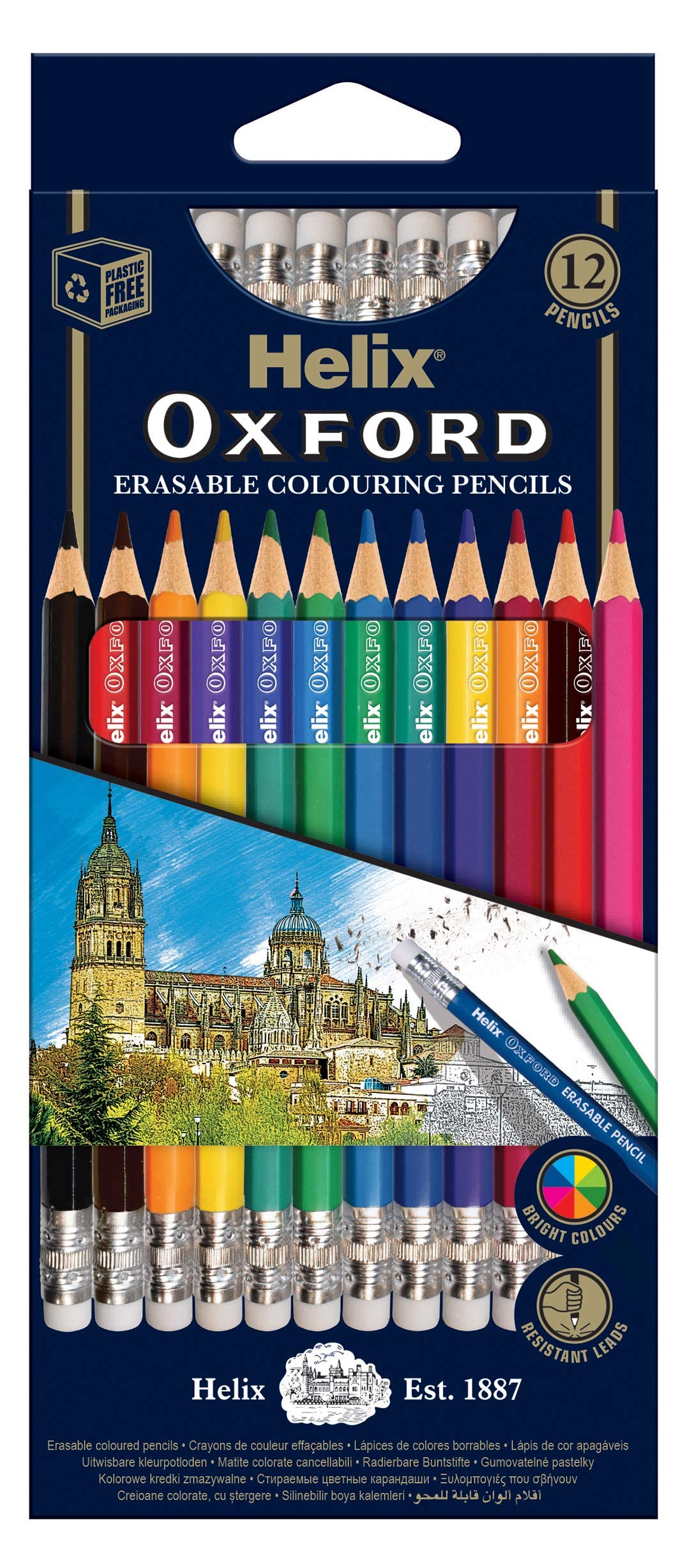 Helix Oxford Erasable Colour Pencils - Pack of 12 Vibrant Colours with Eraser Tips | Medium Point