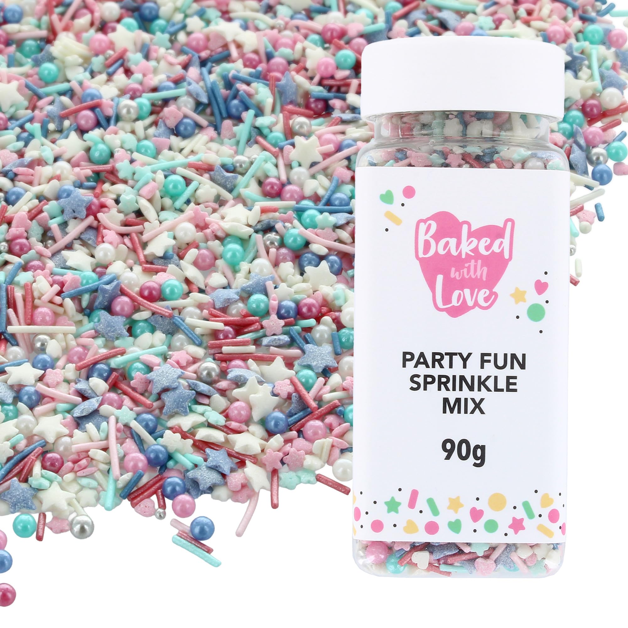 Mit Liebe gebacken – Party-Spass-Streusel-Mix | Essbare Kuchendekorationen in Blau, Rosa und Weiß | Wiederverschließbare 90-g-Flasche