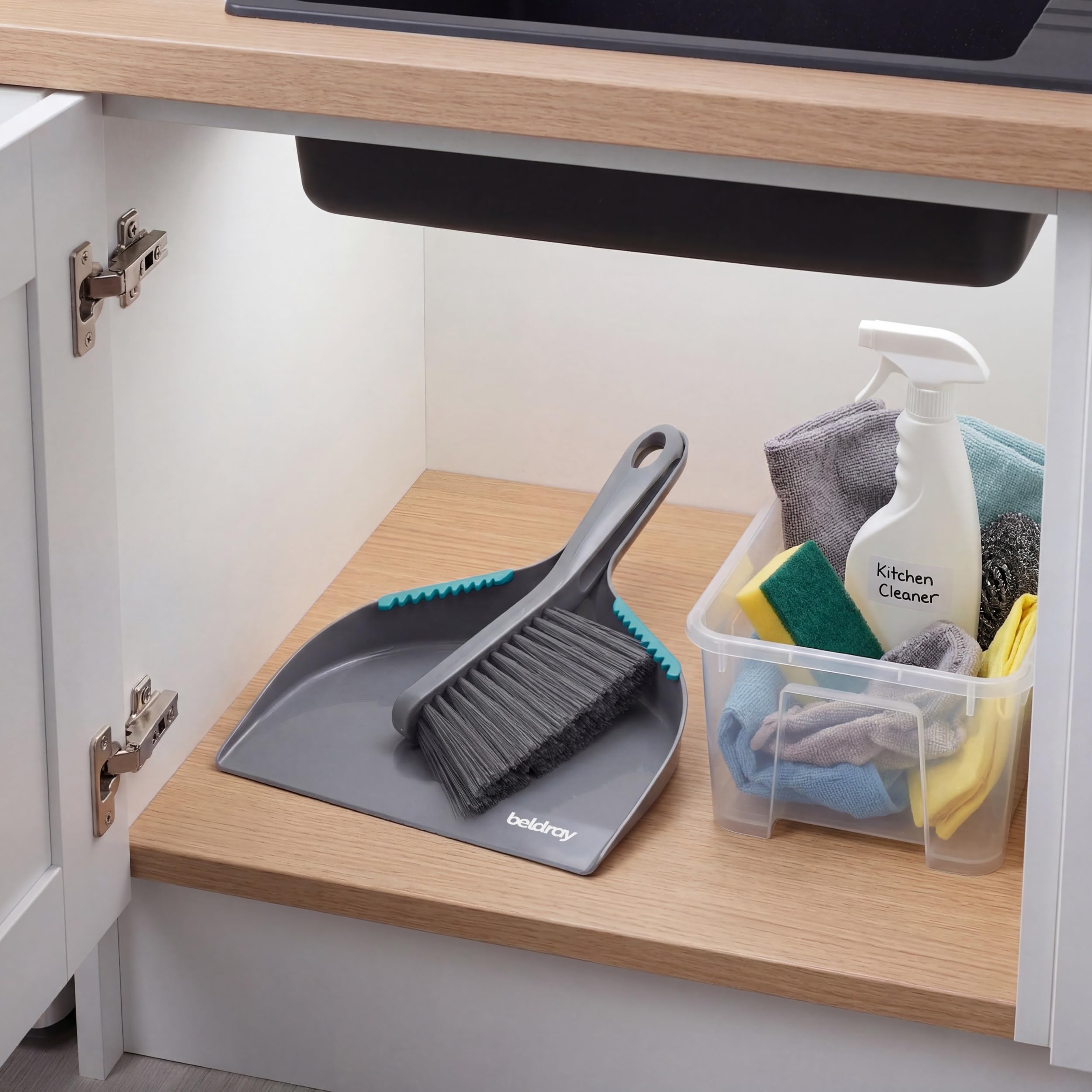 Beldray Antibac Countertop Dustpan & Brush Set - Compact Storage, Grey & Turquoise 7