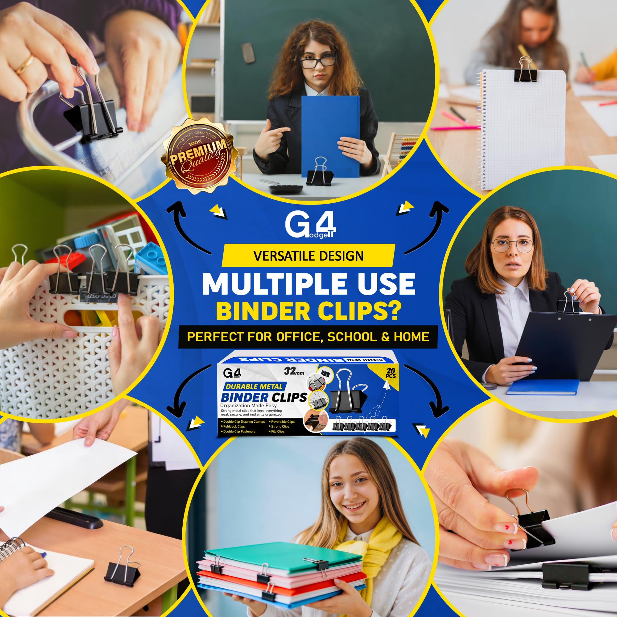G4GADGET Binder Clips - 32mm Medium, Black, 20 Pack | Heavy-Duty Metal Grip 4
