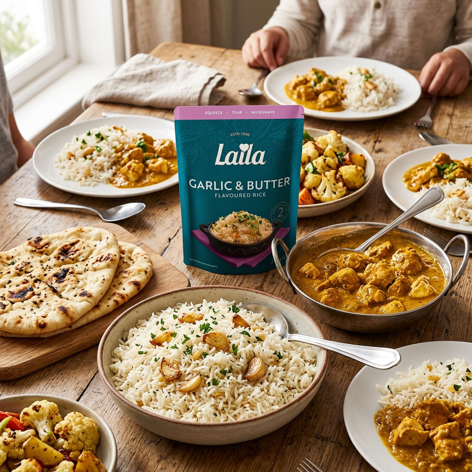 Laila Garlic & Butter Microwave Rice - 6 x 250g Packs | Ready in 2 Minutes 4