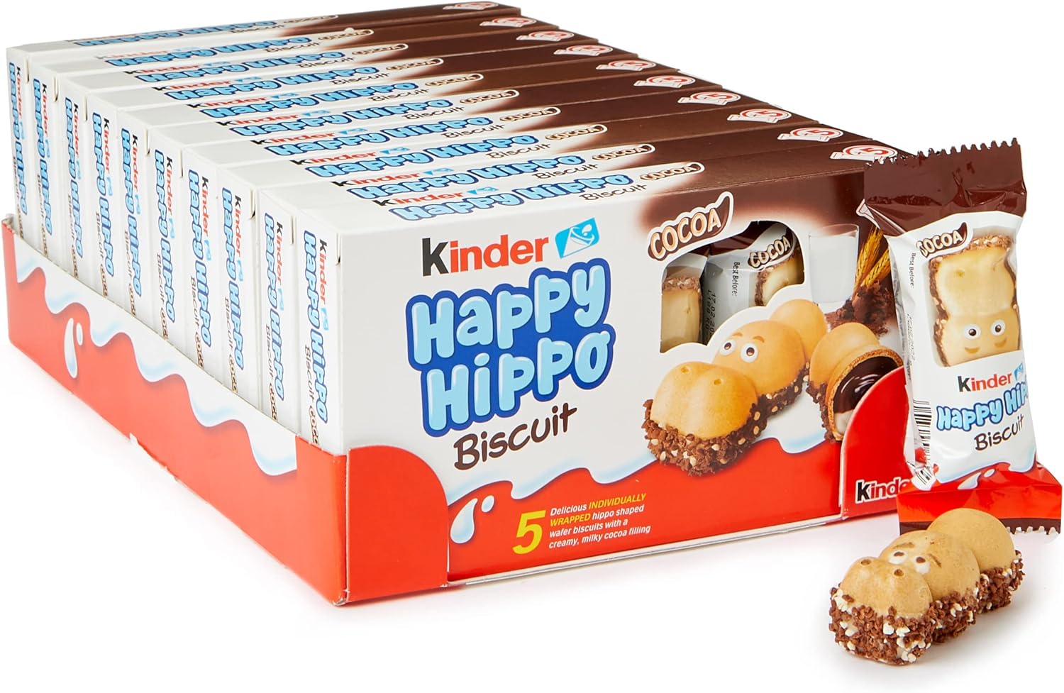 Kinder Happy Hippo Cocoa Crème - Hippo-Shaped Wafer Biscuit with Milky Cocoa Filling, 50 Biscuits (10 Packs x 5)