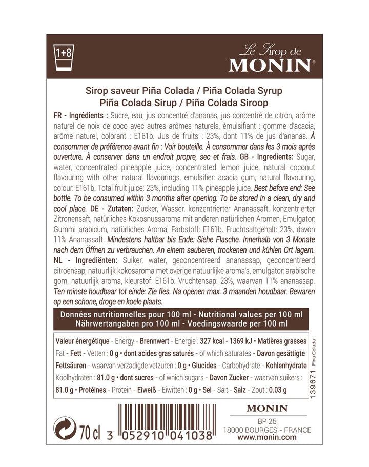 Monin Pina Colada Syrup 700ml Glass Bottle