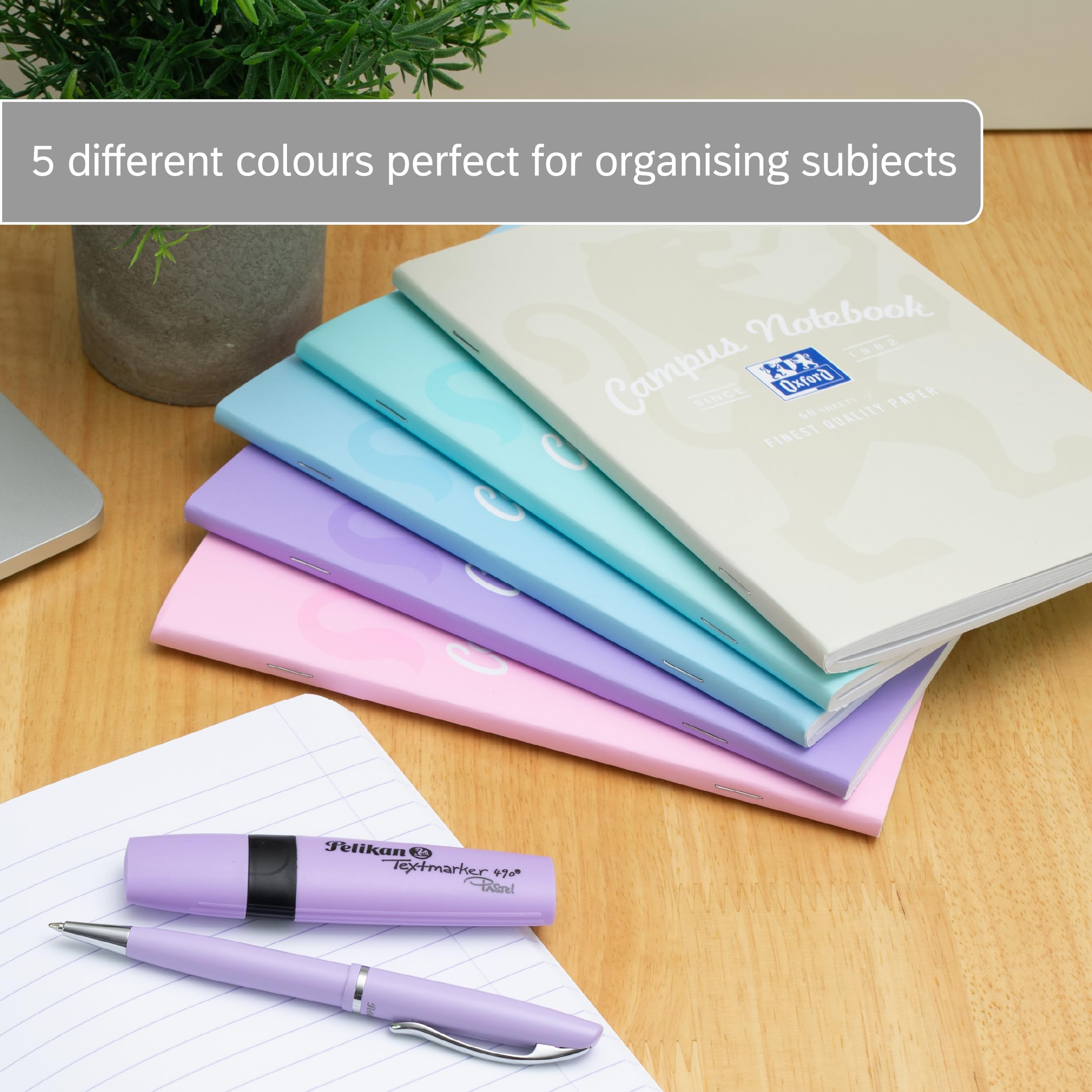 Oxford Campus A5 Notebook - 120 Pages, 8mm Lined with Margin | 5 Pastel Colours Pack 5