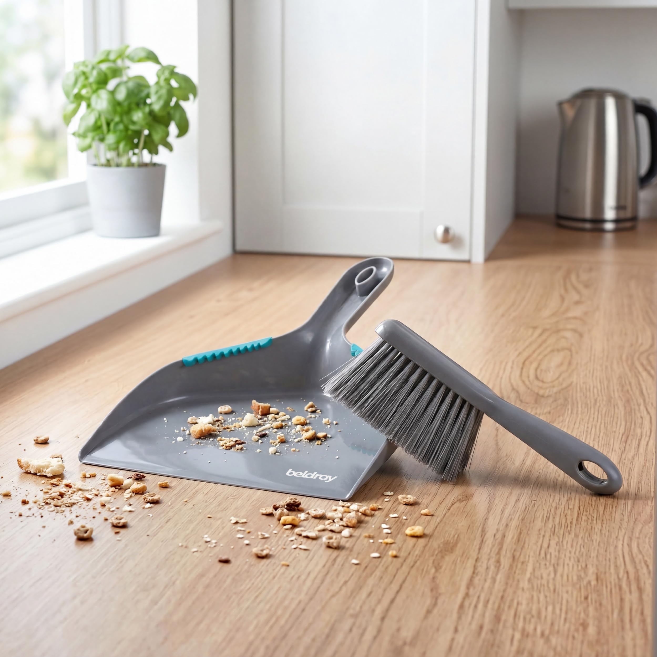 Beldray Antibac Countertop Dustpan & Brush Set - Compact Storage, Grey & Turquoise 5