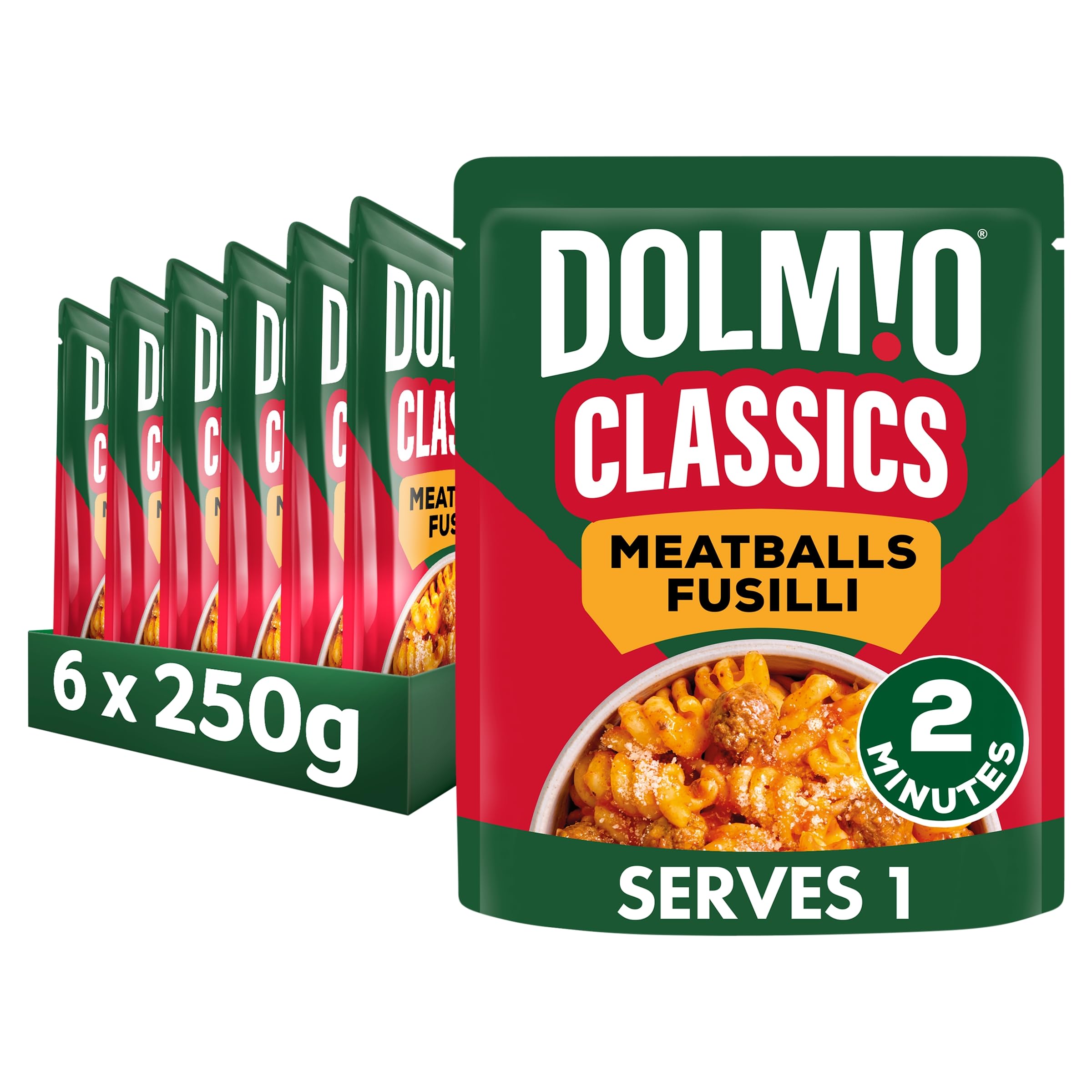 Dolmio Classics Meatballs Fusilli Fertiggericht - 6x 250g Mikrowellen-Pasta mit zarten Hackbällchen & Tomatensauce
