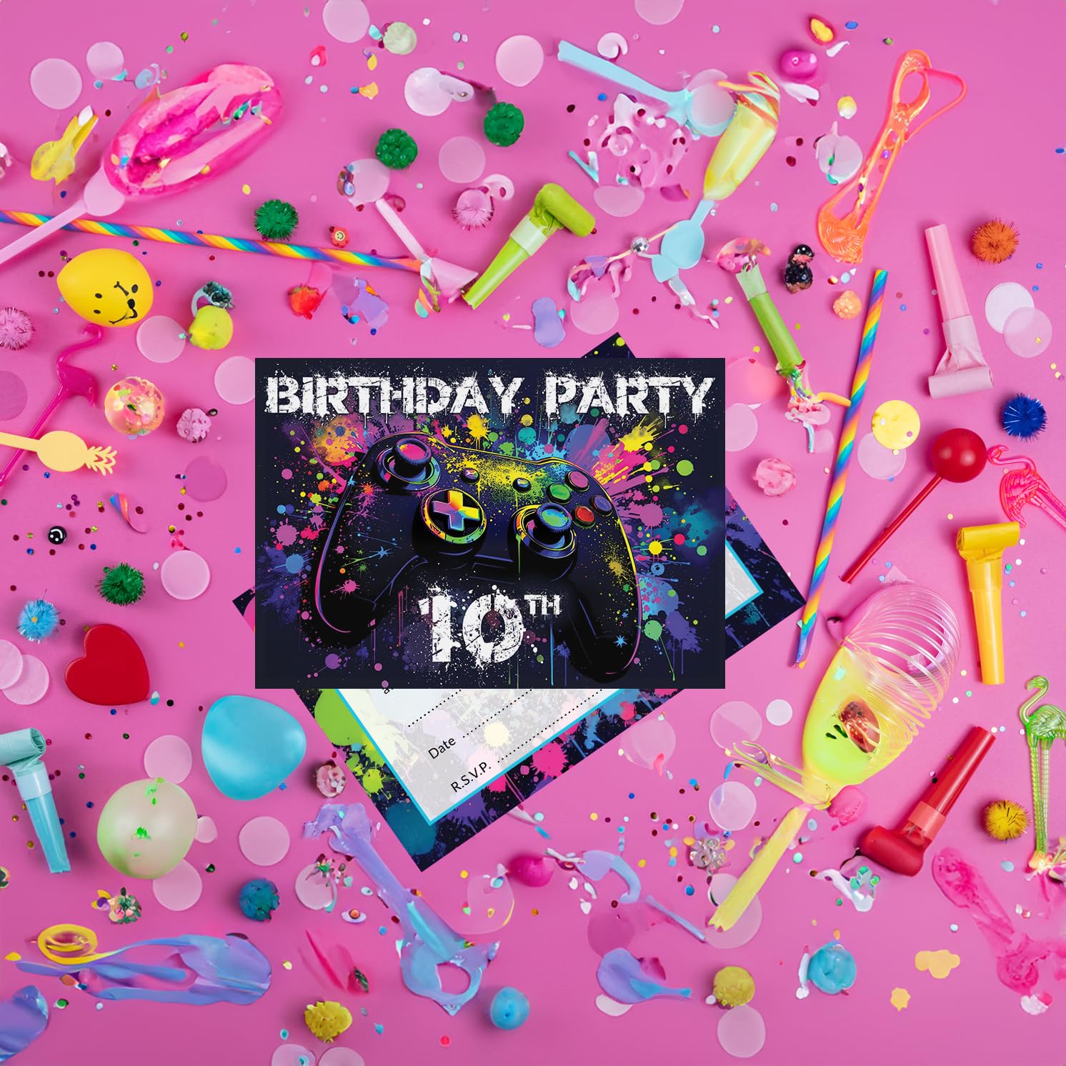 Stuff4 10th Birthday Video Gamer Invitations - 20 Pack A6 Folding Cards with Envelopes 6
