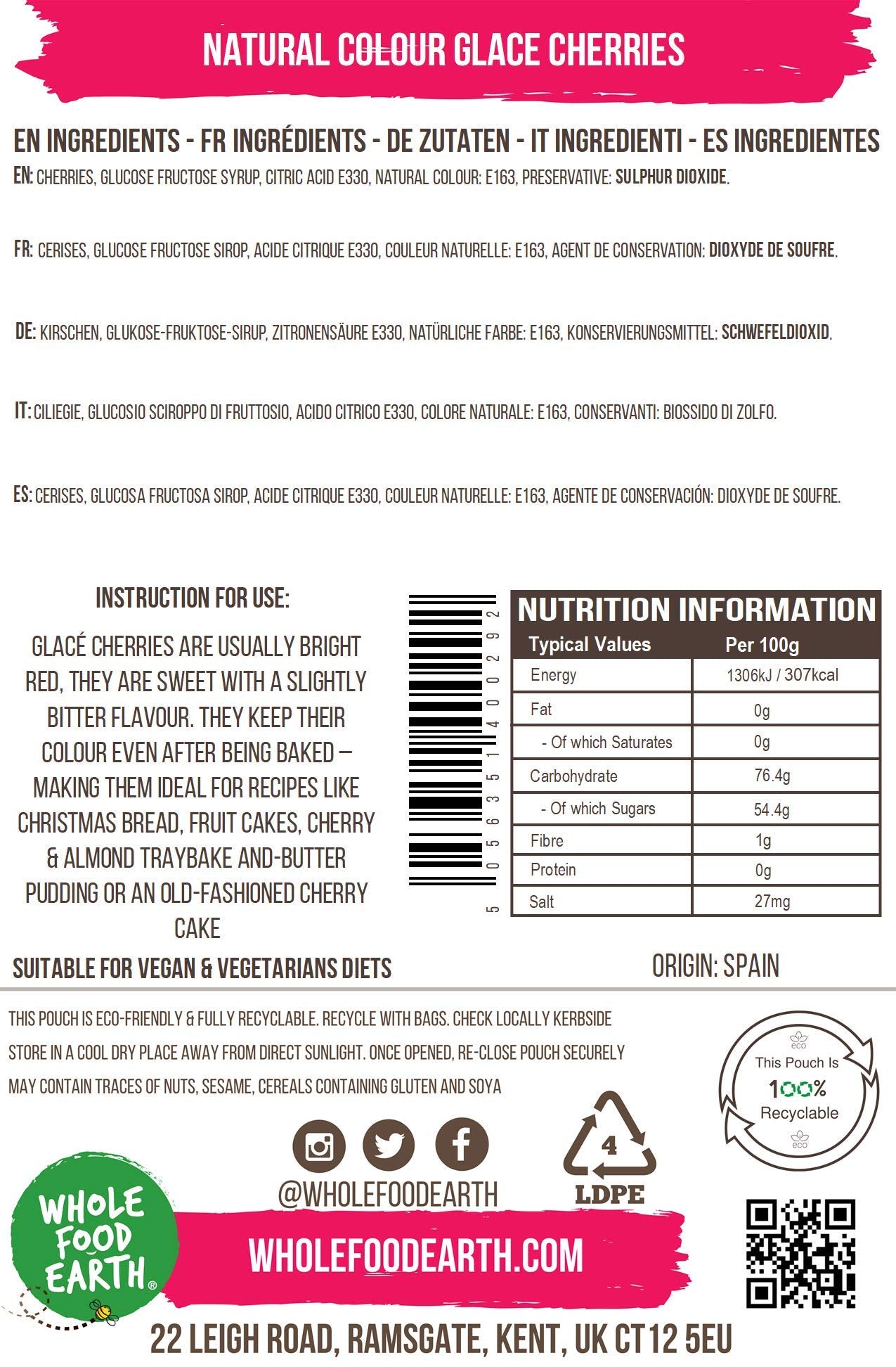 Wholefood Earth Glace Cherries 500g | GMO Free, Vegan, Recyclable Packaging 7