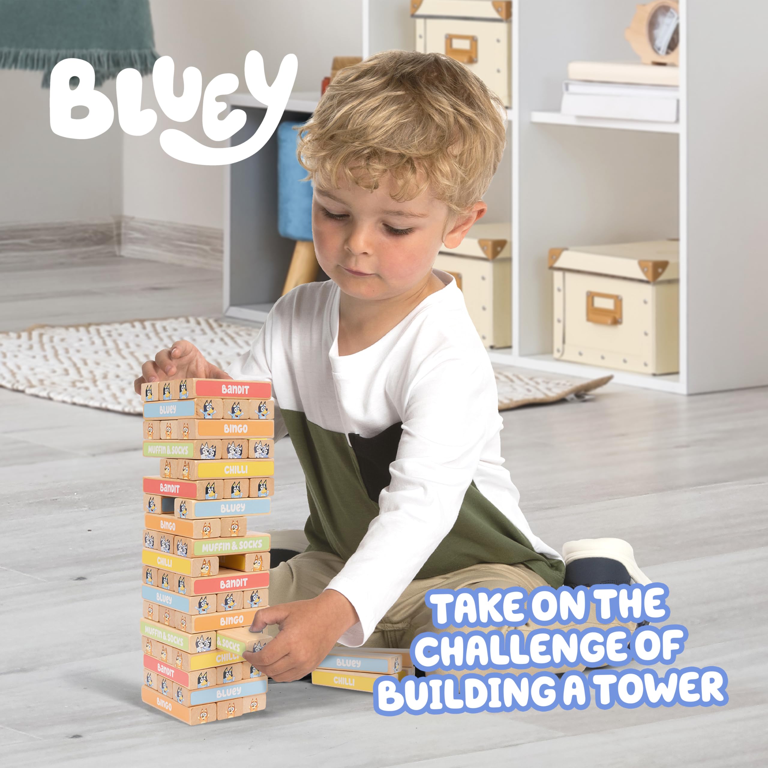 Bluey Tumbling Tower Game - 54 FSC-Certified Wooden Blocks for Stacking Fun 10