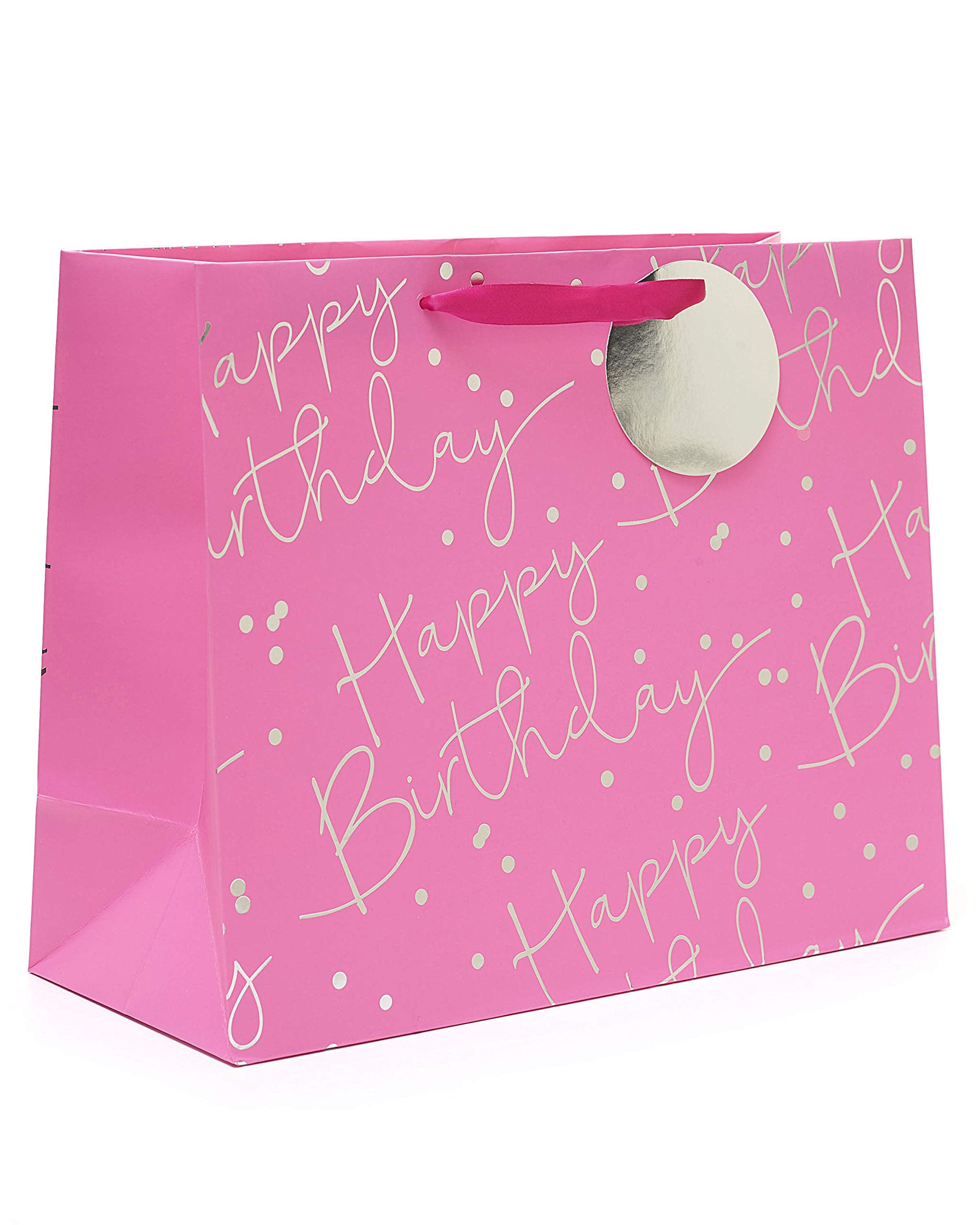 UK Greetings Large Birthday Gift Bag for Her/Friend - Pink & Silver Design, 1 Count (Pack of 1) 1