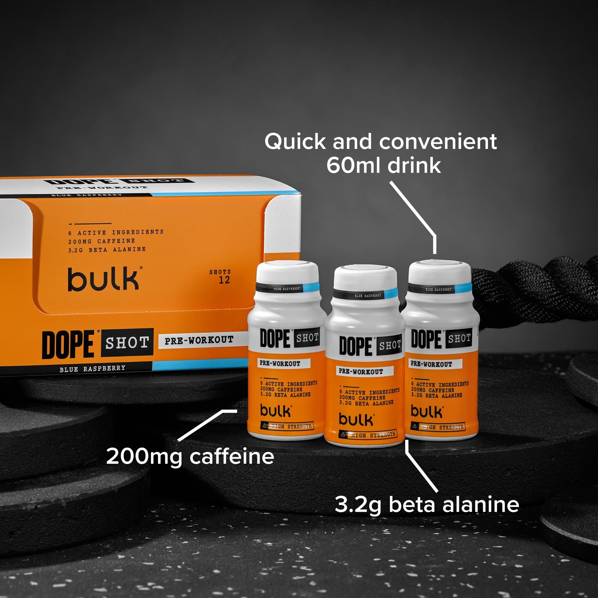 BULK POWDERS Dope Pre-Workout Shots - Berry Flavour | 200mg Caffeine | 3.2g Beta Alanine | 12 x 60ml Shots