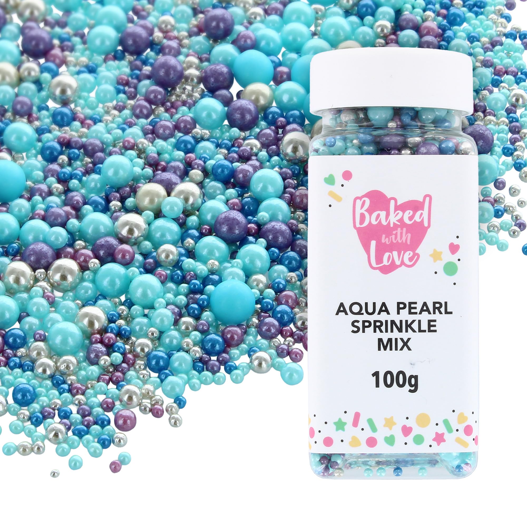 Baked with Love Aqua Pearl Sprinkles - Blue, Purple, Silver Mix | 100g Resealable Bottle 1