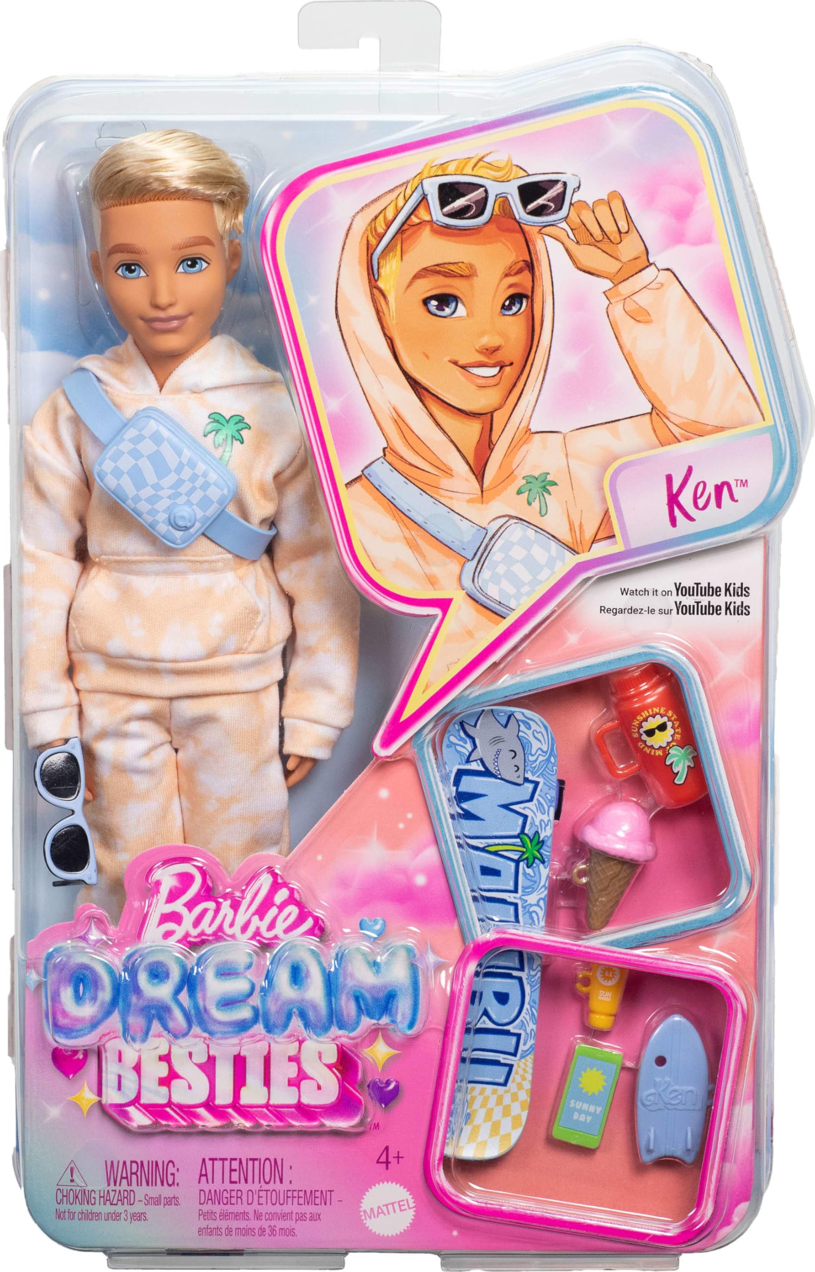 Barbie Dream Besties Doll and Accessories, Ken Posable Fashion Doll with Removable Fashions & Blonde Hair, 9 Summer & Skateboard Themed Pieces, JDD75 5