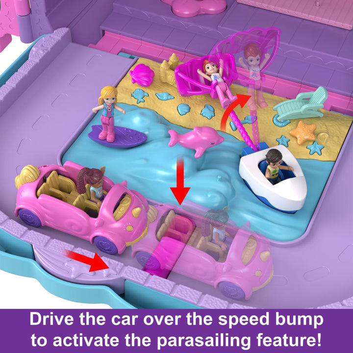 Polly Pocket Pollyville Resort Roll Away Playset - 4 Dolls, 1 Vehicle, 25+ Accessories, Ages 4-10