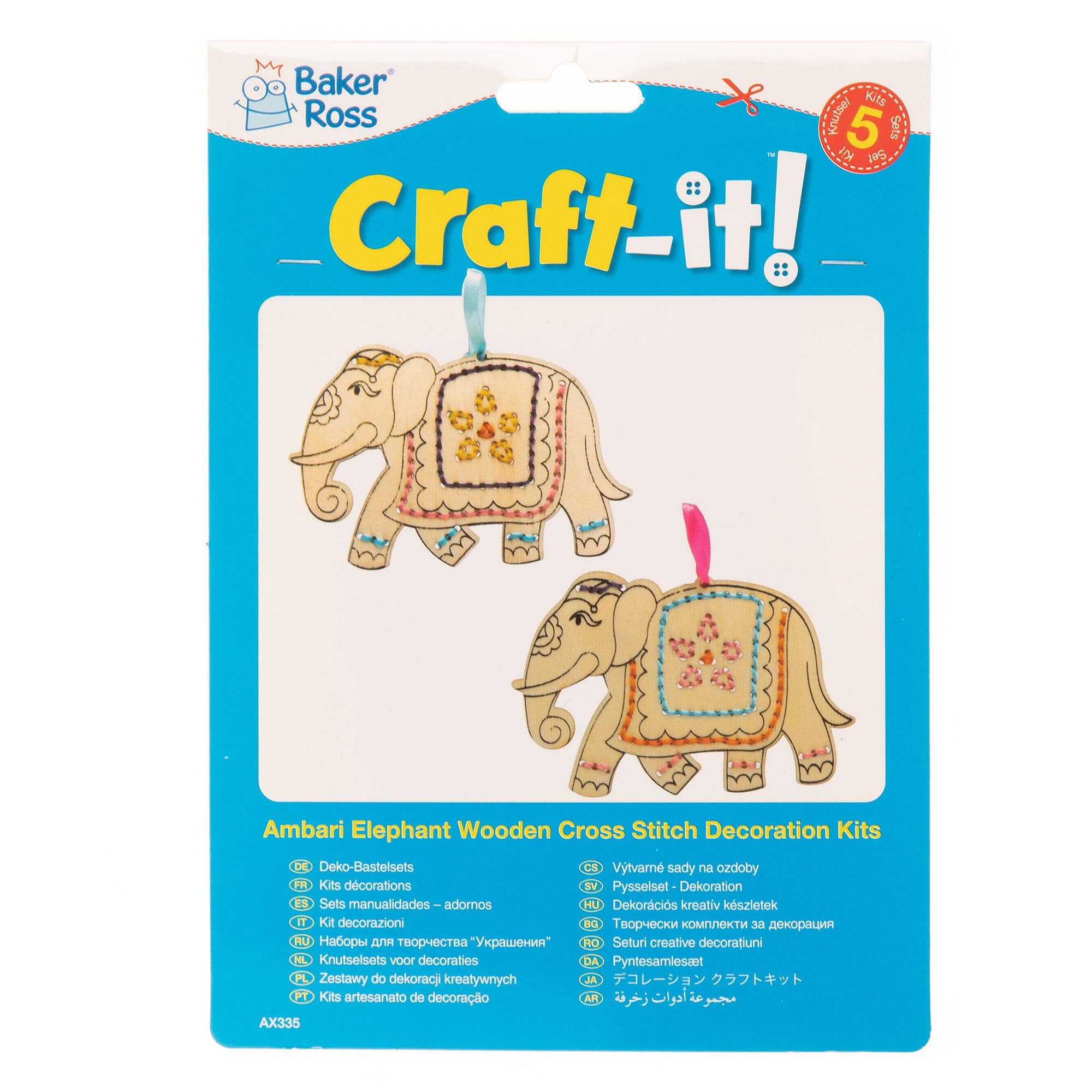 Baker Ross Ambari Elephant Wooden Threading Kits - Pack of 5, Educational Craft for Kids 5