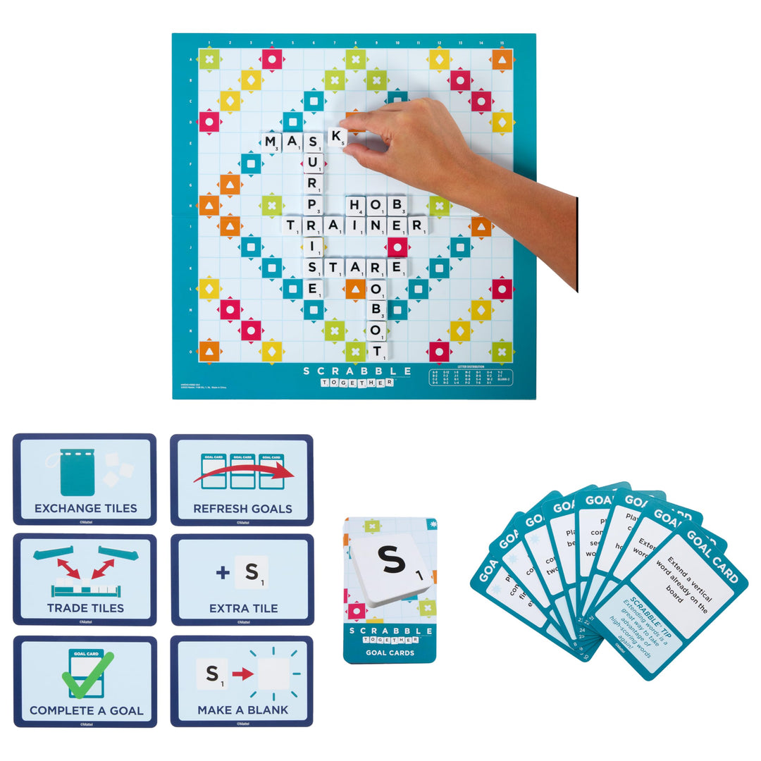 Mattel Games Scrabble Board Game with Two Ways to Play – Double-Sided Board & 50 Goal Cards – UK Version (HWD43)