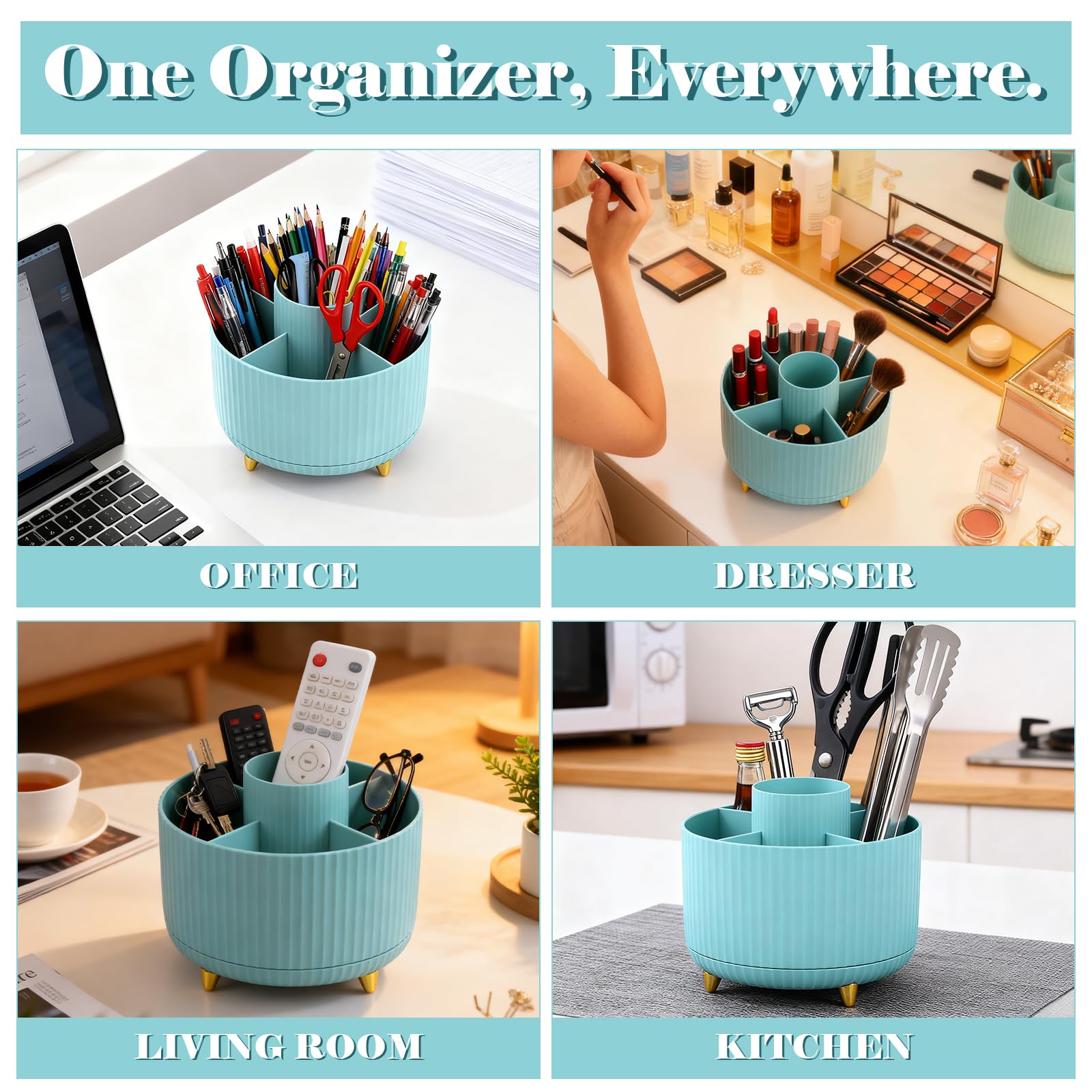 Lychico Desk Organiser - 360° Rotating Pencil Cup with 5 Compartments | Blue Plastic 4