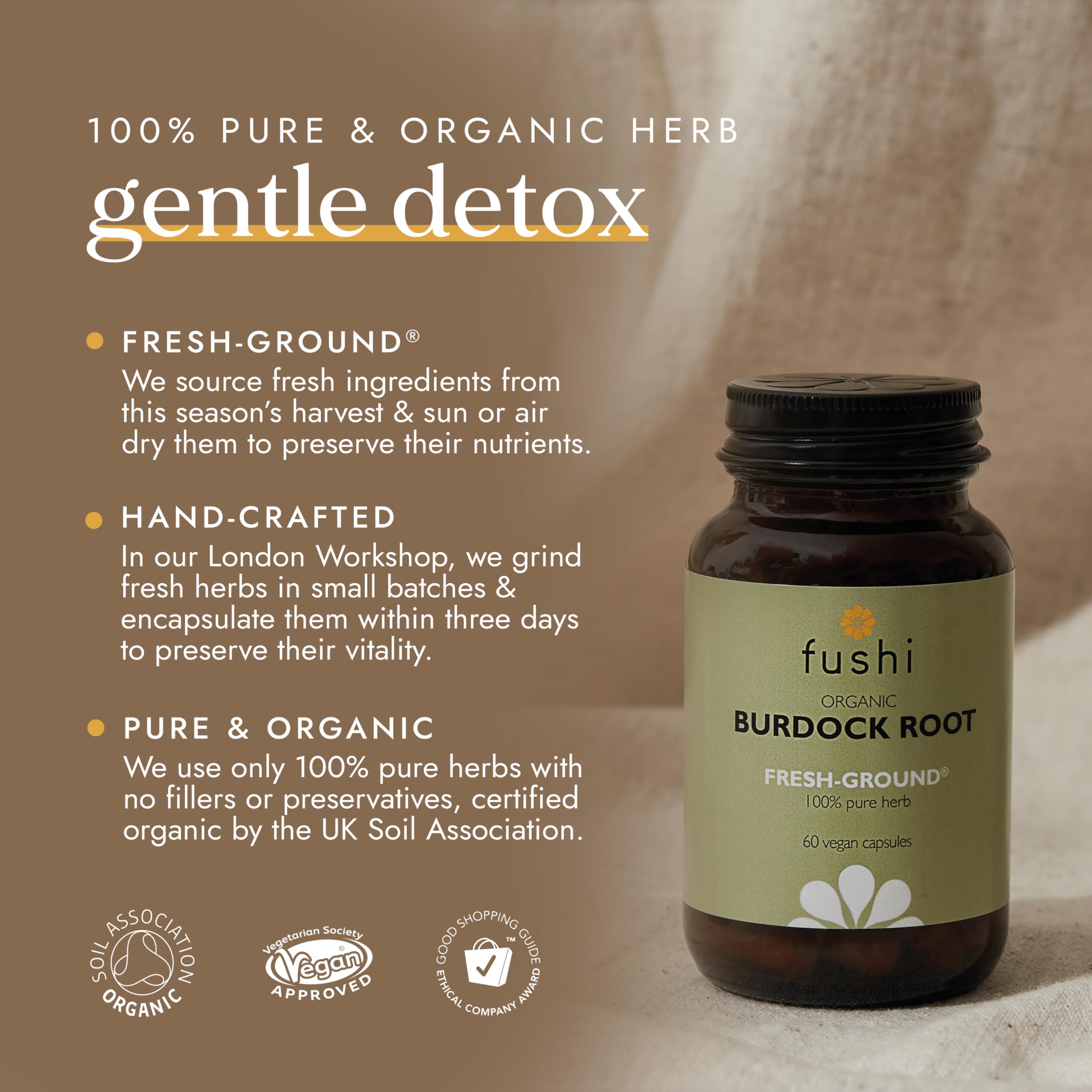 Fushi Organic Burdock Root Capsules - Fresh-Ground Whole Herb | 60 Count | Digestive Health Support