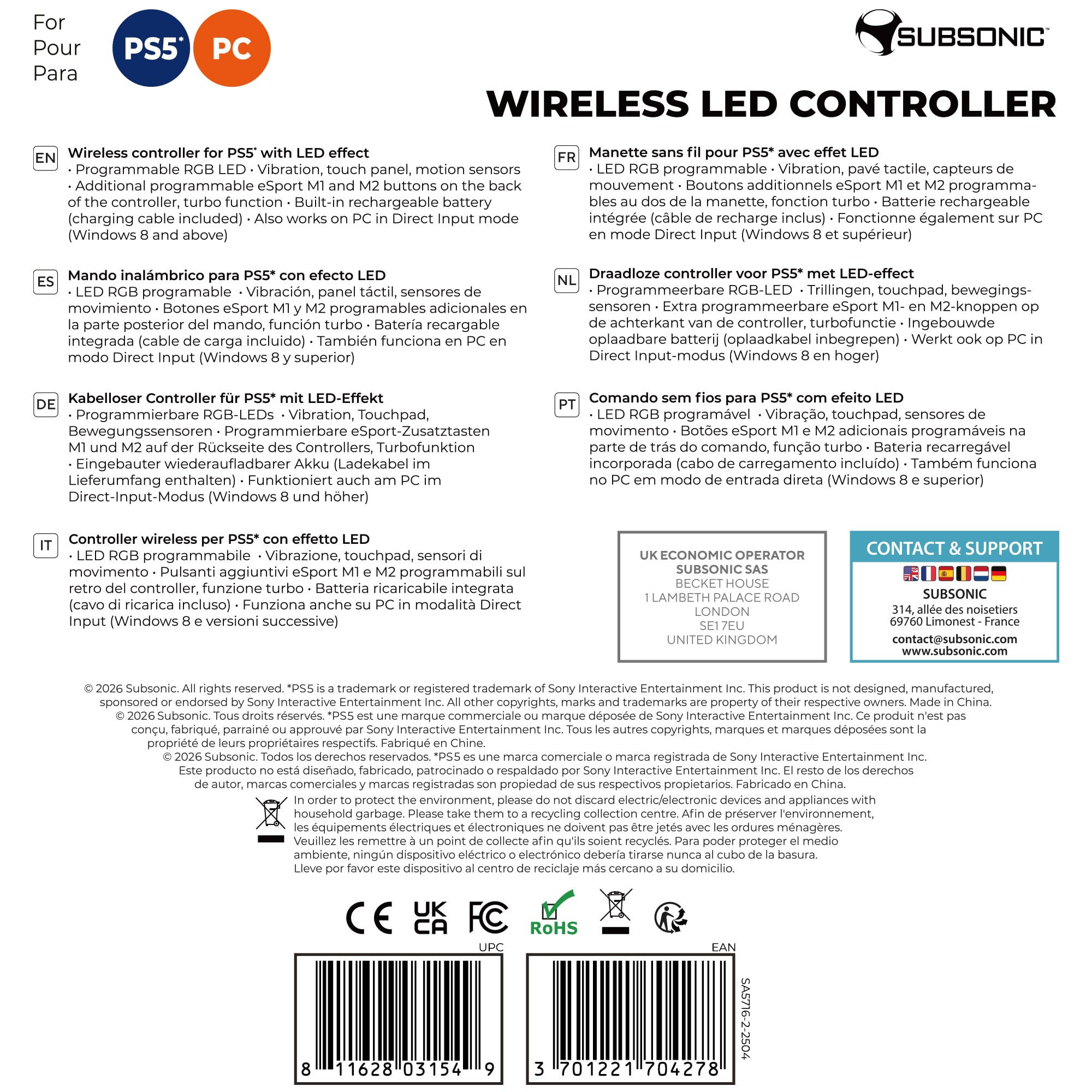 Subsonic – Wireless PS5/PC Controller with Programmable Paddles, RGB LEDs & Turbo Function 8