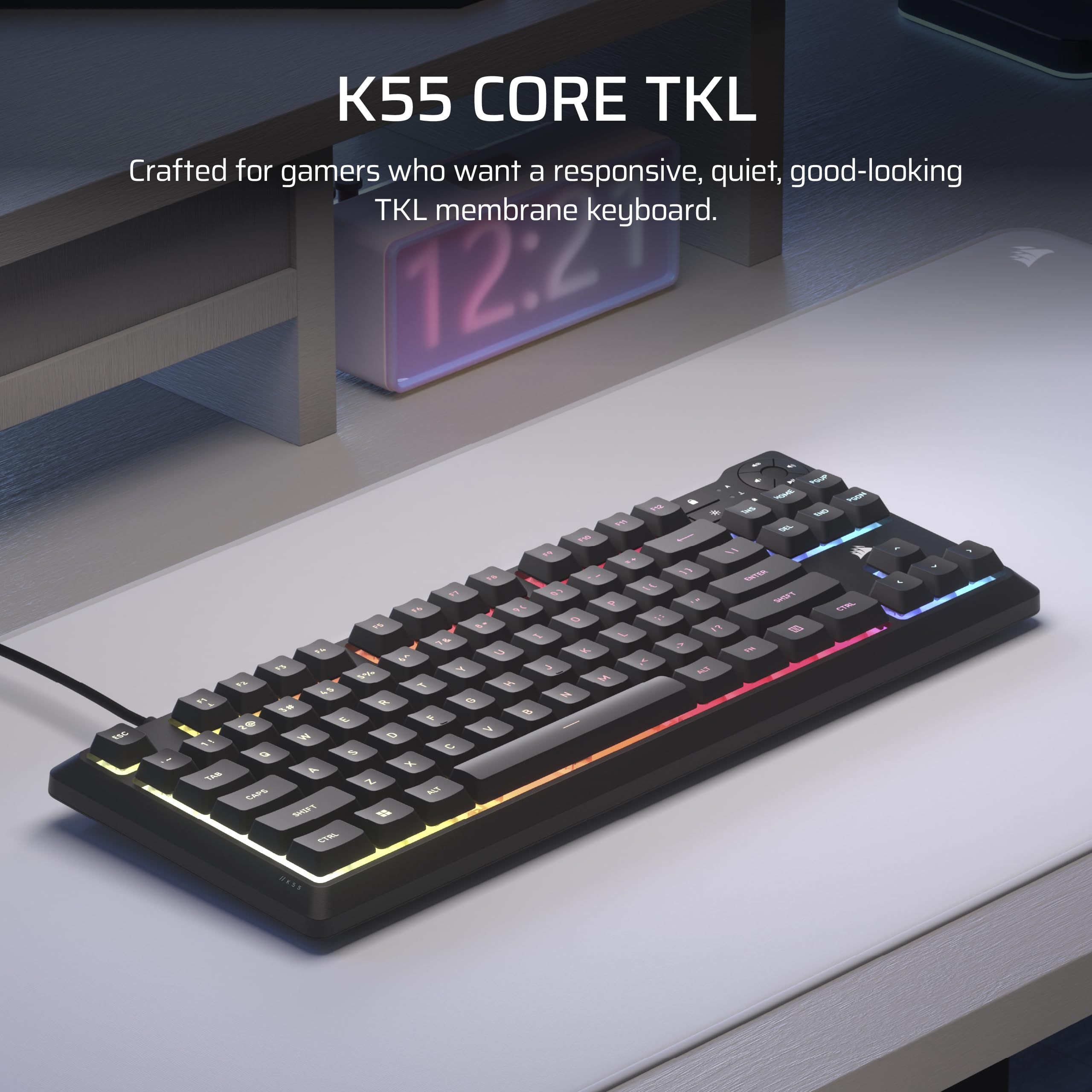 Corsair K55 CORE TKL RGB Gaming Keyboard - Tenkeyless, 8-Zone RGB, Spill Resistant