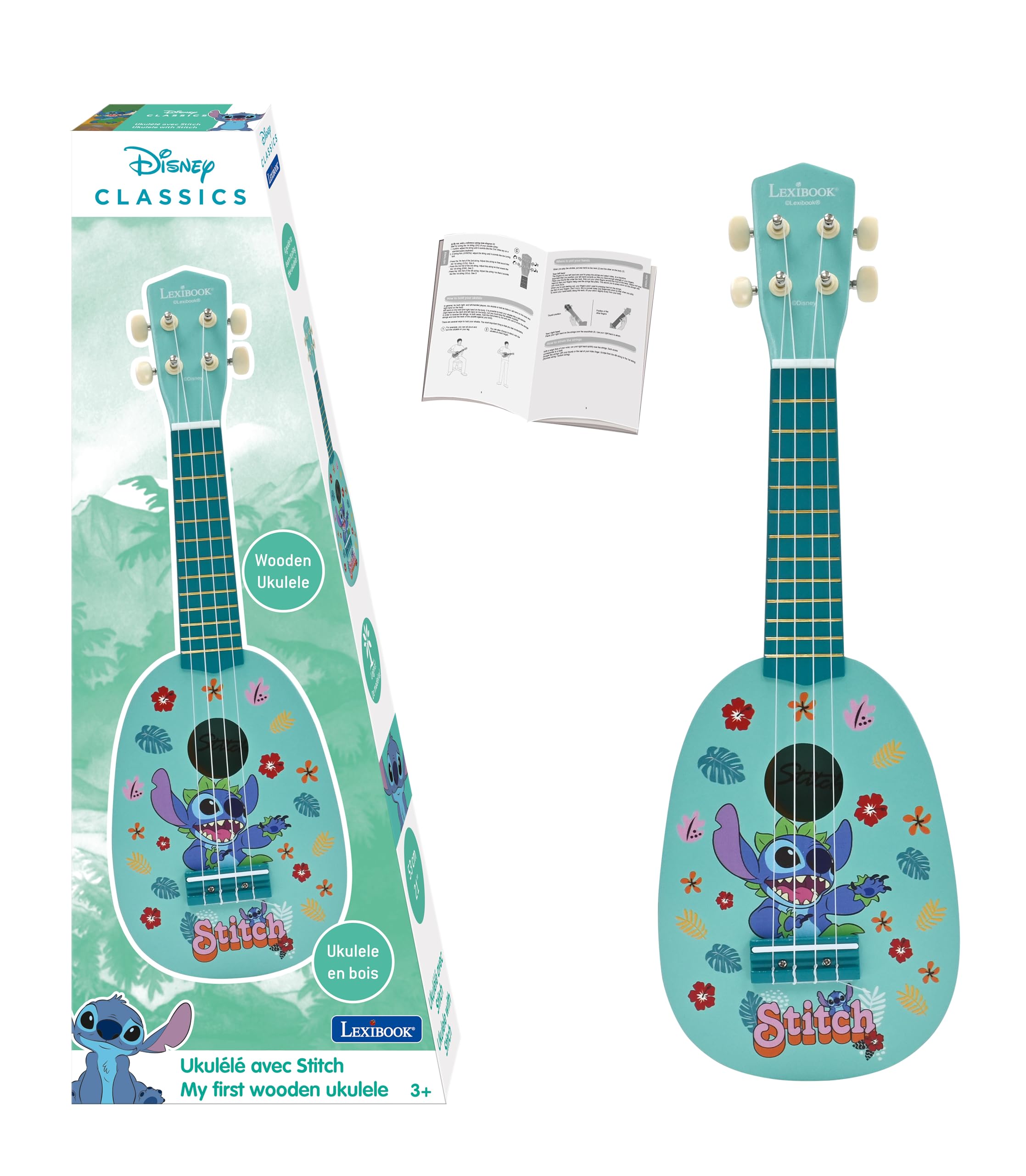 LEXIBOOK Disney Stitch My First Wooden Ukulele - 4 Nylon Strings | 53 cm Size | Ages 3+