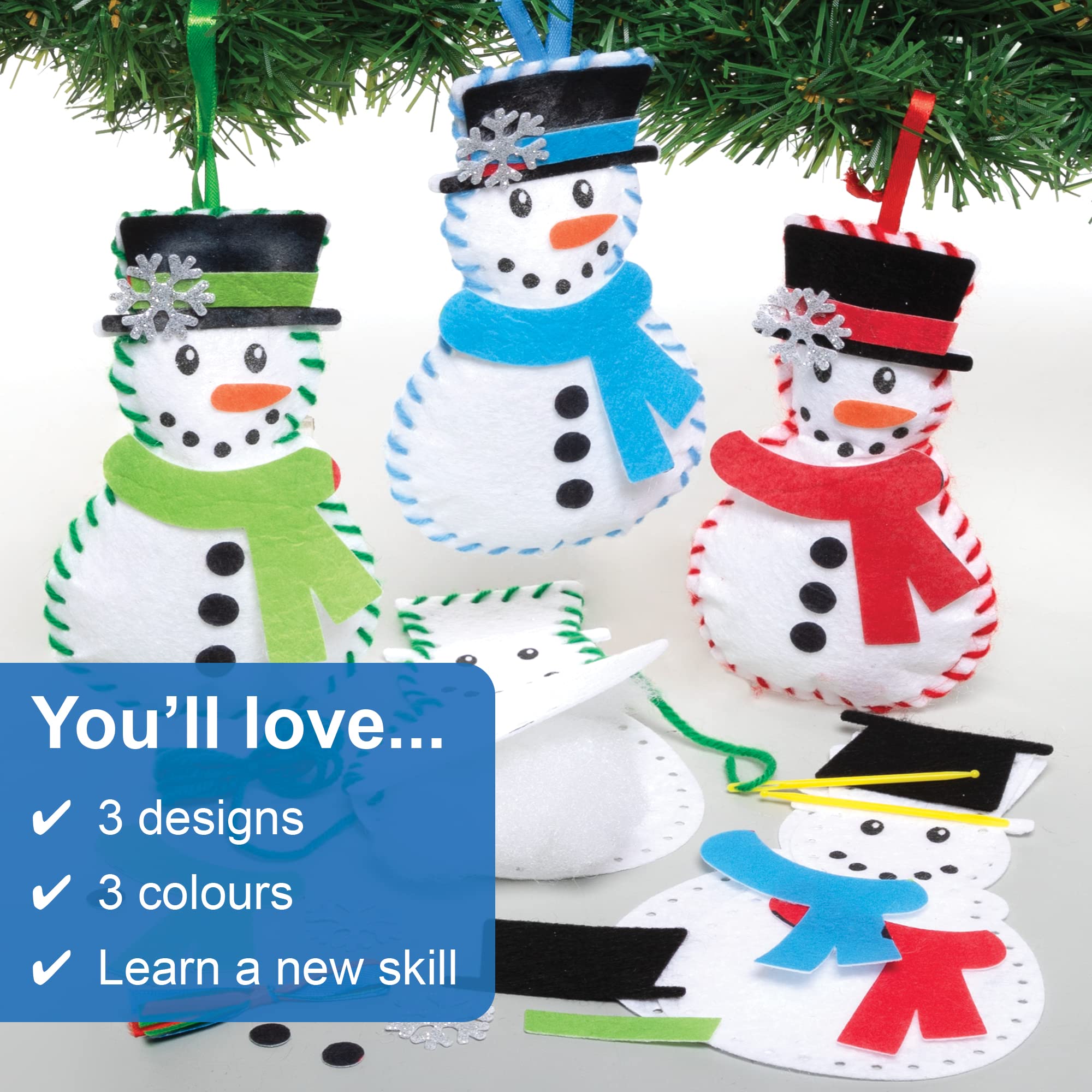 Baker Ross FE949 Snowman Decoration Sewing Kits - Pack of 3, Arts & Crafts Sewing Set for Kids 5