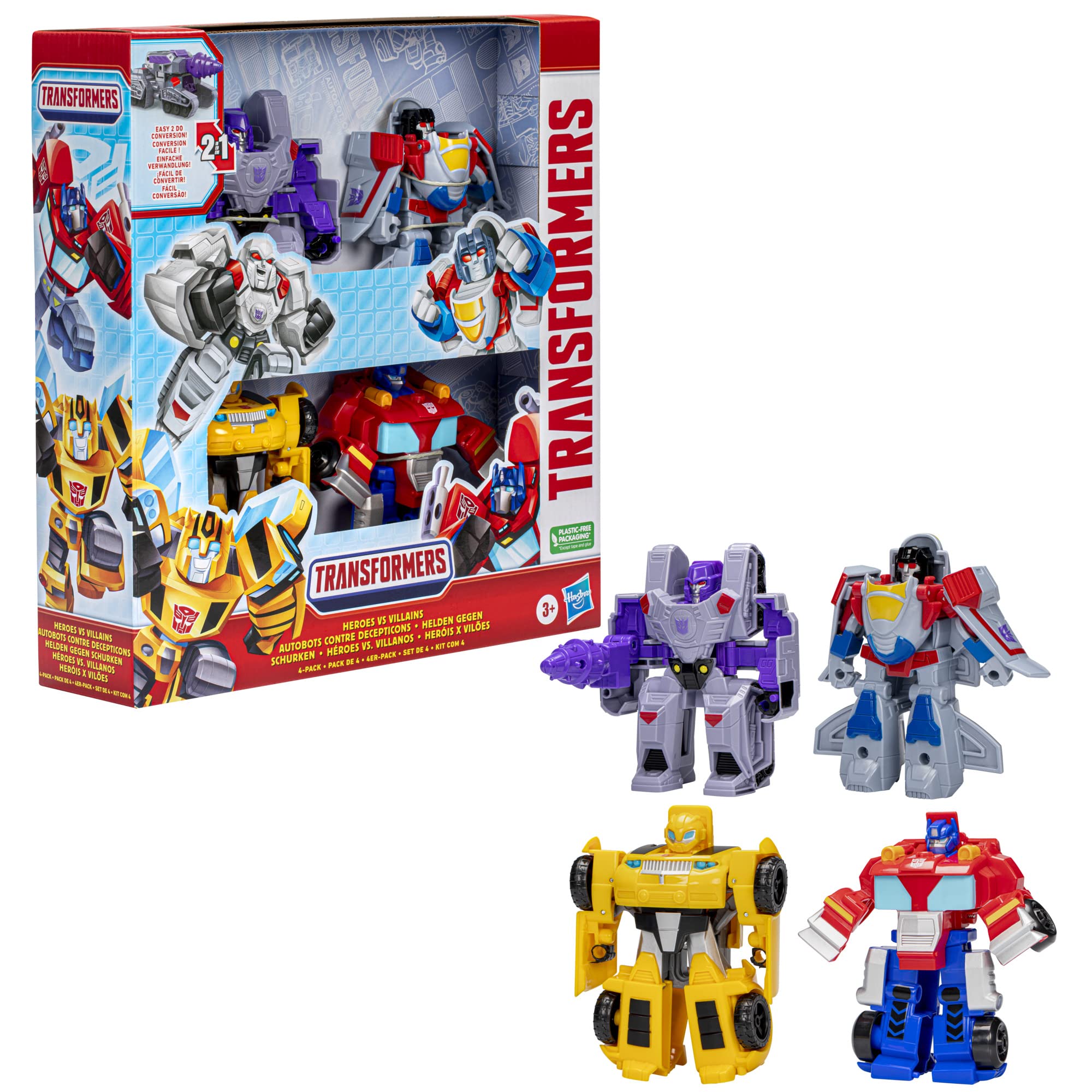 Transformers Heroes vs Villains 4-Pack Action Figures | Optimus Prime, Bumblebee, Megatron, Starscream | 11-cm 5
