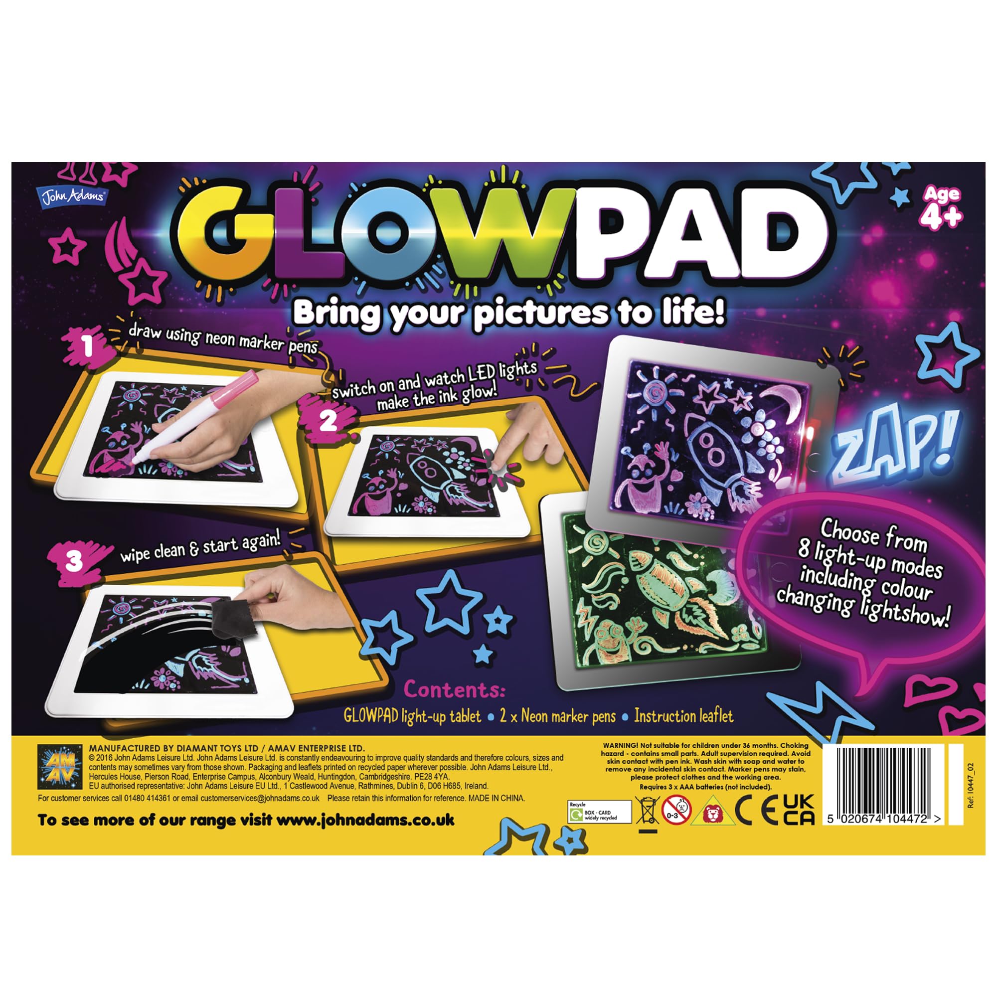 John Adams GLOWPAD - Light-Up Drawing Board with 8 Glow Modes & Neon Markers - Ages 4+ 12