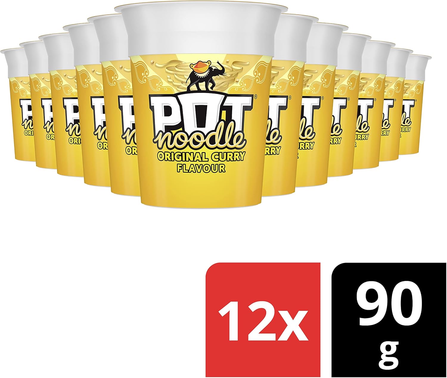 Pot Noodle Original Curry Flavour, 90g Becher, 12er Pack – Schnelle vegetarische Instantnudeln mit Mango-Chutney im Beutel
