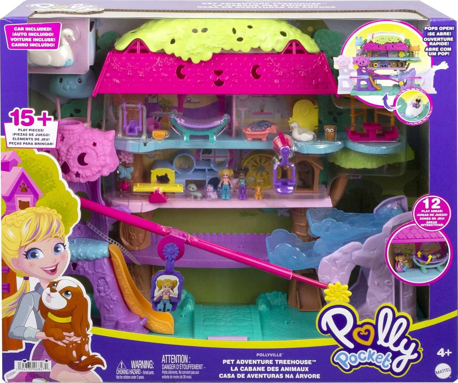 Polly Pocket Pollyville Pet Adventure Treehouse Playset - 5-Floor Treehouse with Micro Dolls & Swan Vehicle 6