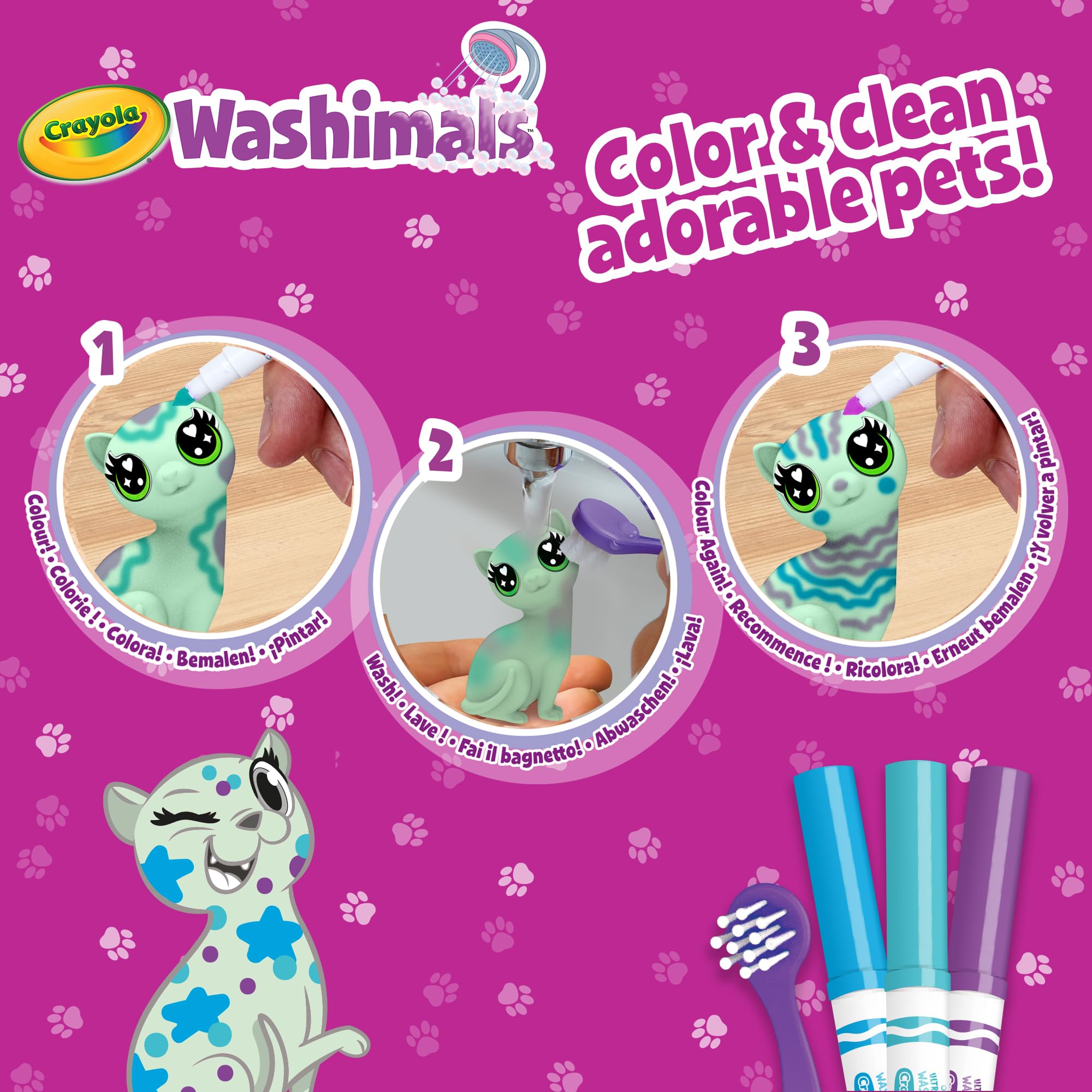Crayola Scribble Scrubbie Pastel Pets - 3 Washable Markers & Brush, Ages 3+ 2
