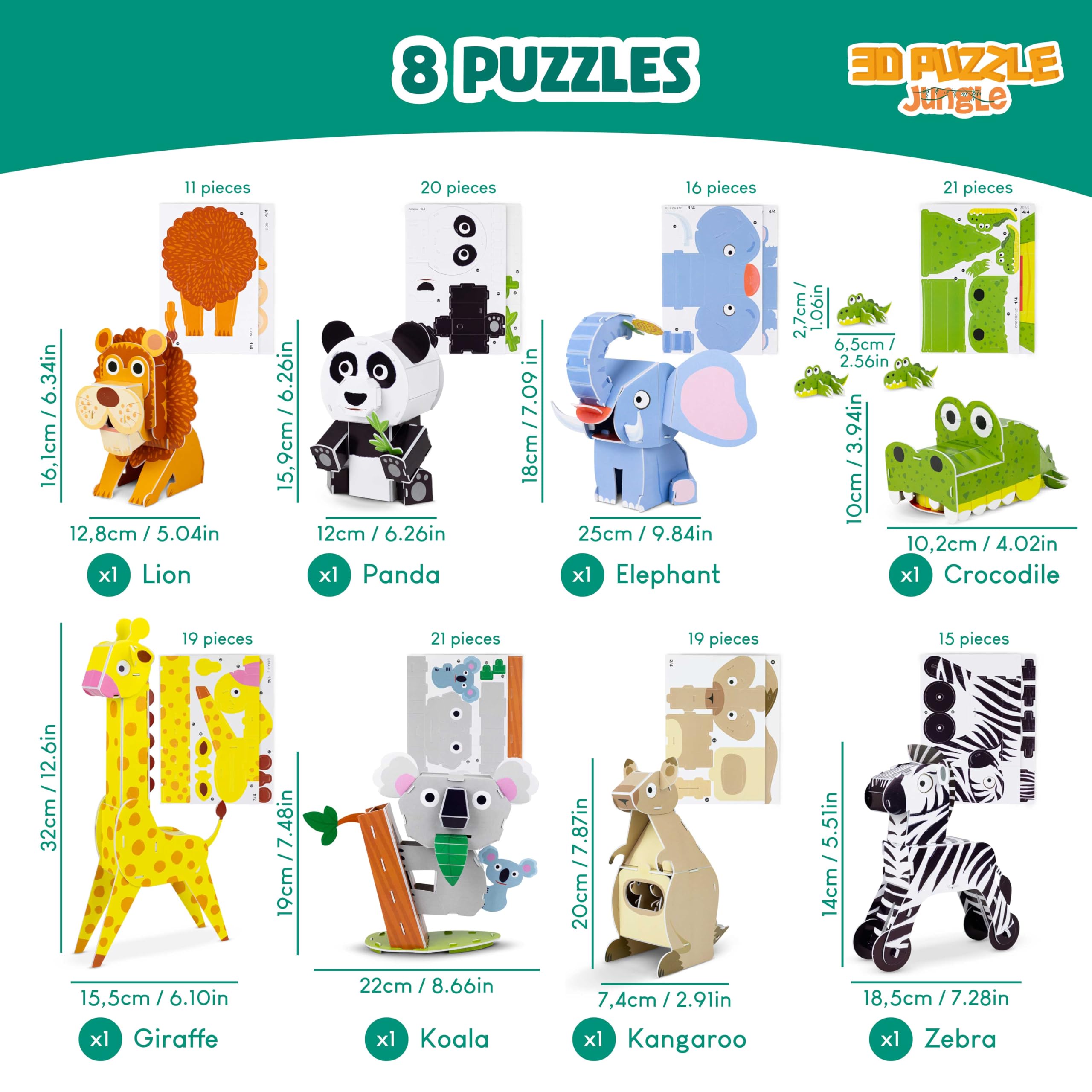 BONNYCO 3D Jungle Animal Puzzles - 8 Piece Set | Educational Toy | Ages 6+ 2