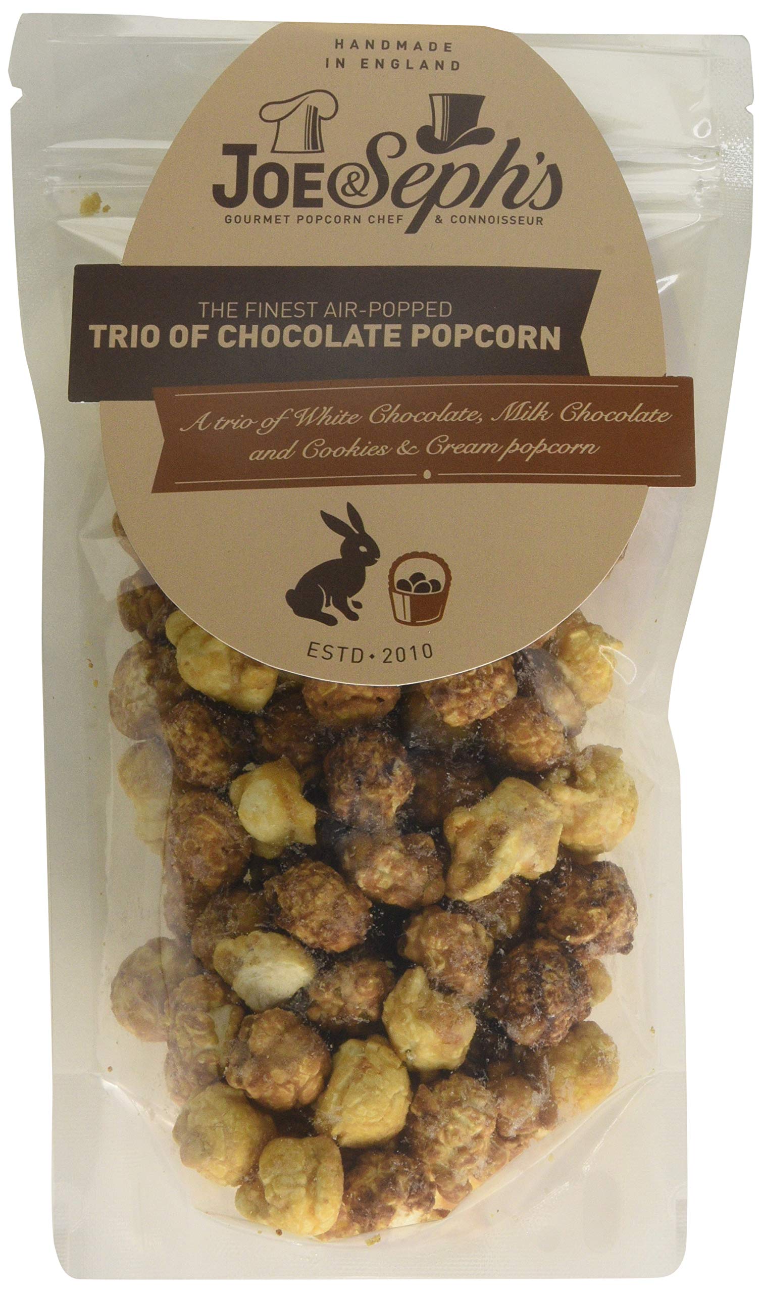 Joe & Sephs Schokoladen-Popcorn-Trio im Beutel (80 g) – Geschmacksrichtungen Weiß, Milch und Cookies and Cream