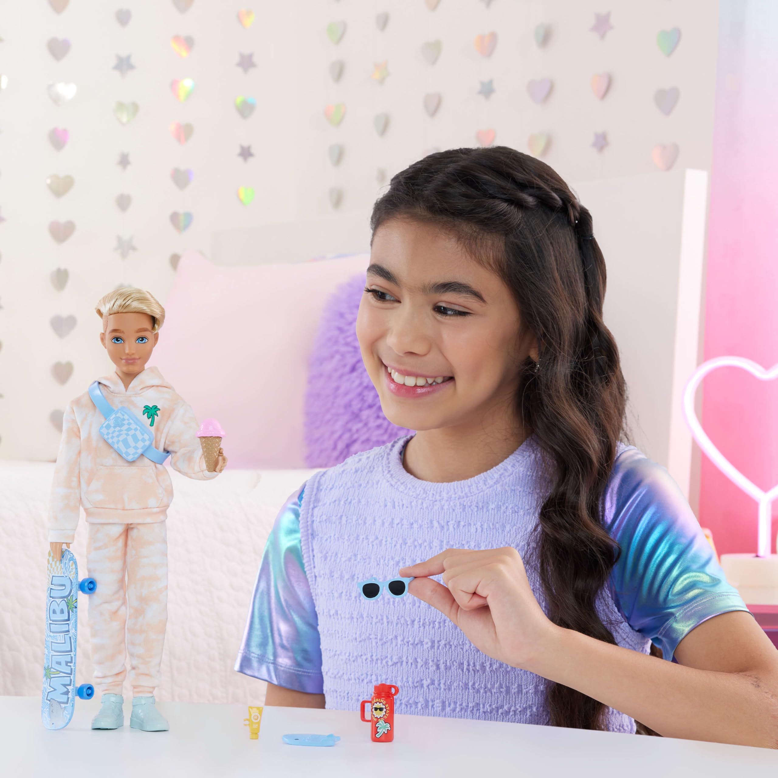 Barbie Dream Besties Doll and Accessories, Ken Posable Fashion Doll with Removable Fashions & Blonde Hair, 9 Summer & Skateboard Themed Pieces, JDD75 4