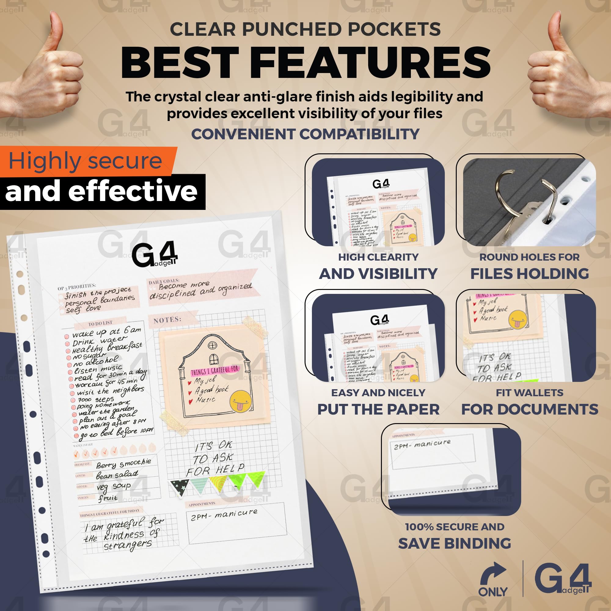 G4GADGET Pack of 50 A4 Clear Plastic Punched Pockets Folders with Frost Finish 4