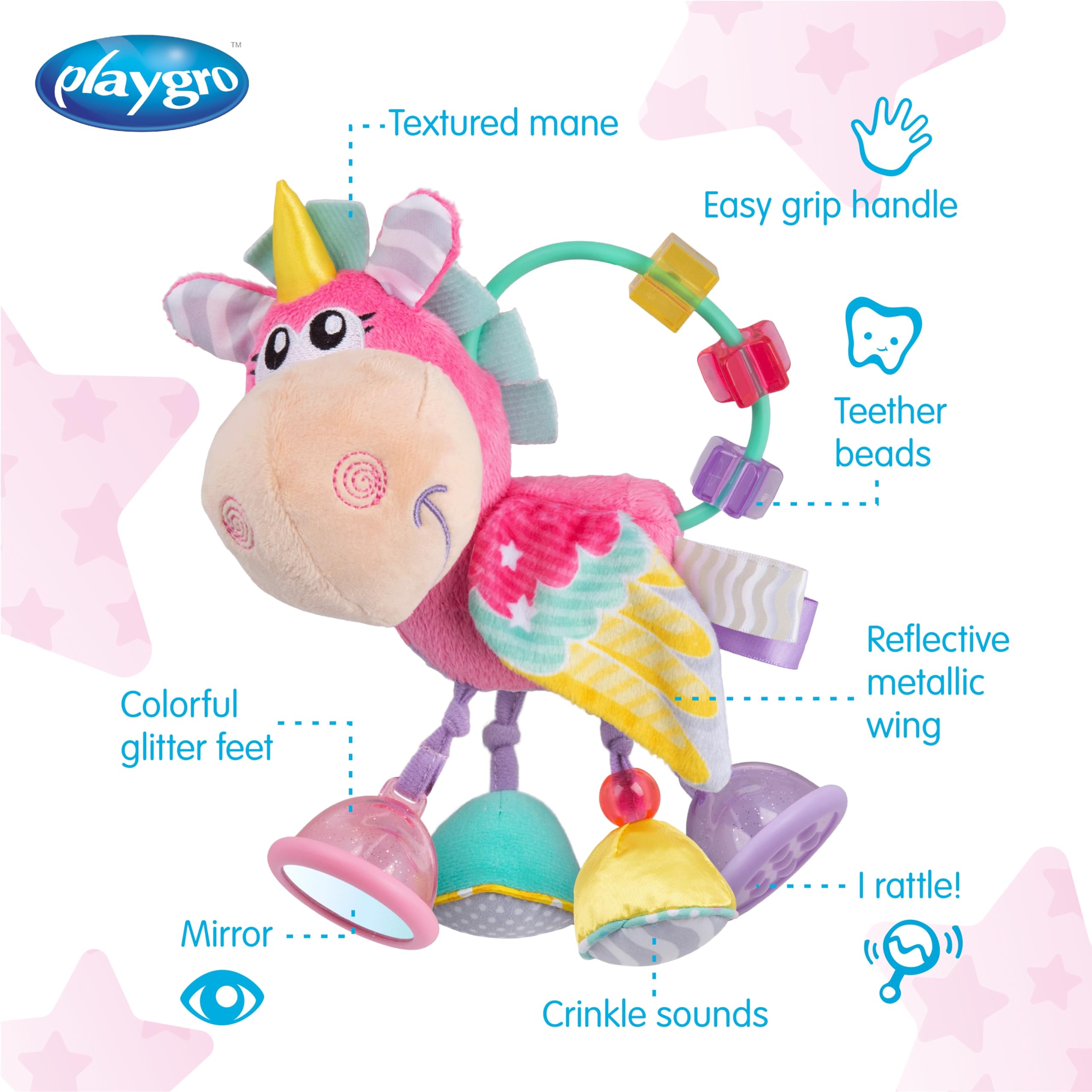 Playgro Unicorn Clip Clop Activity Rattle - Sensory Teether for 3M+ | Pink 3