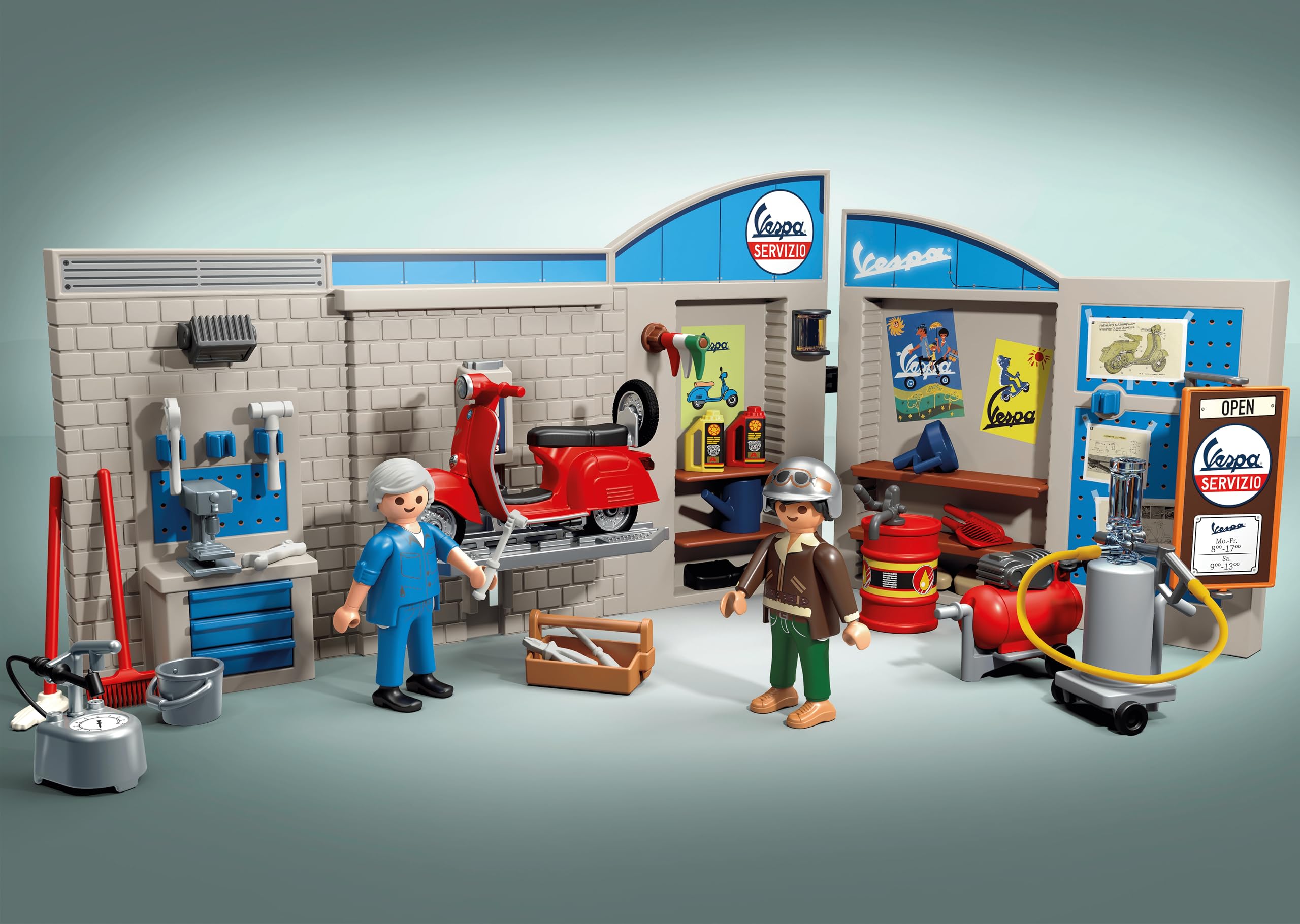 Playmobil 71620 Cars: 60s Vespa Garage Playset with Movable Lifting Platform