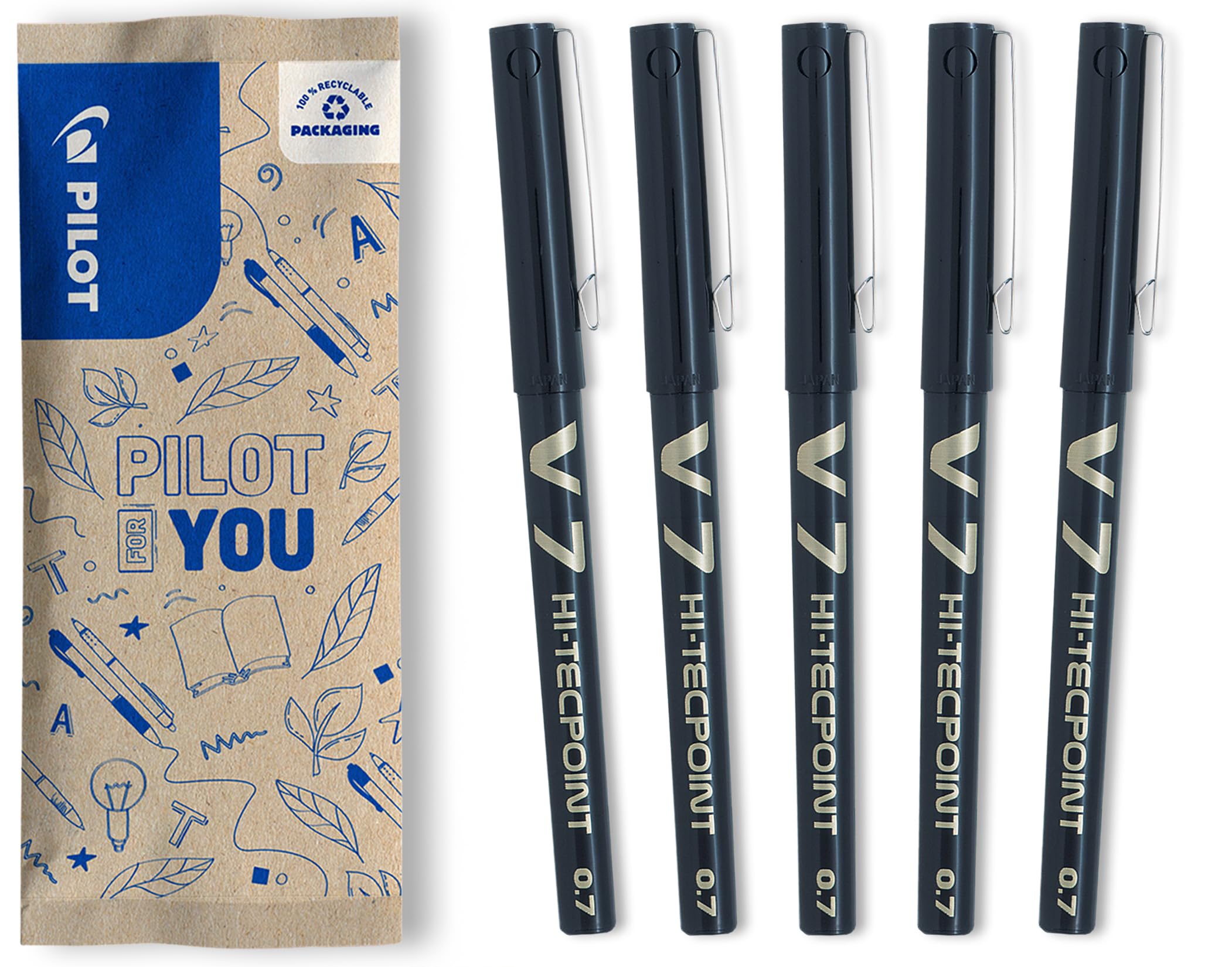 PILOT V7 Liquid Ink Rollerball Pen Set - 5 Pack Black Ink | 0.7mm Medium Tip | Fade Resistant