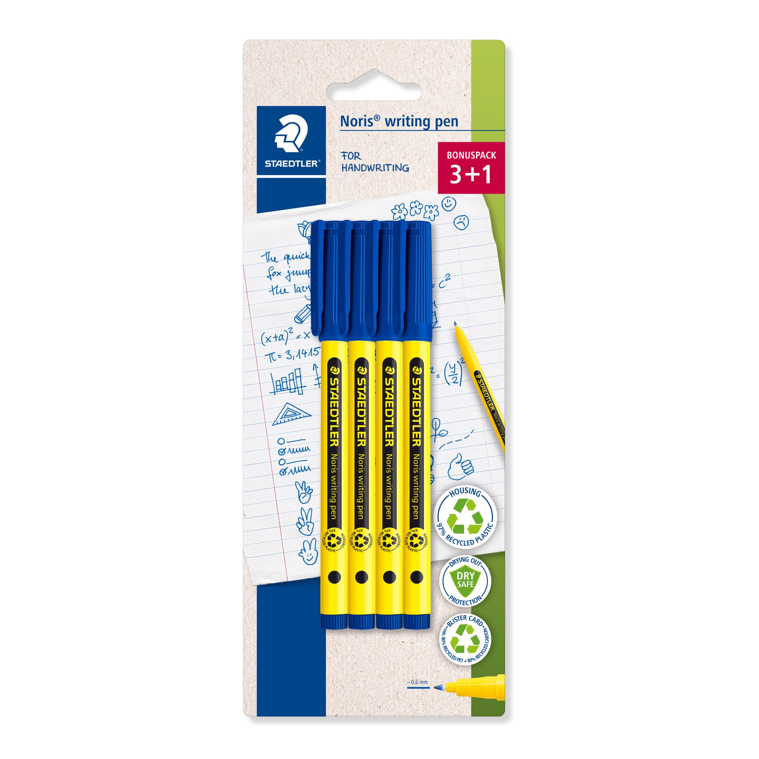 STAEDTLER Noris Handwriting Pen - Blue | 0.6mm Fineliner Tip | Pack of 4