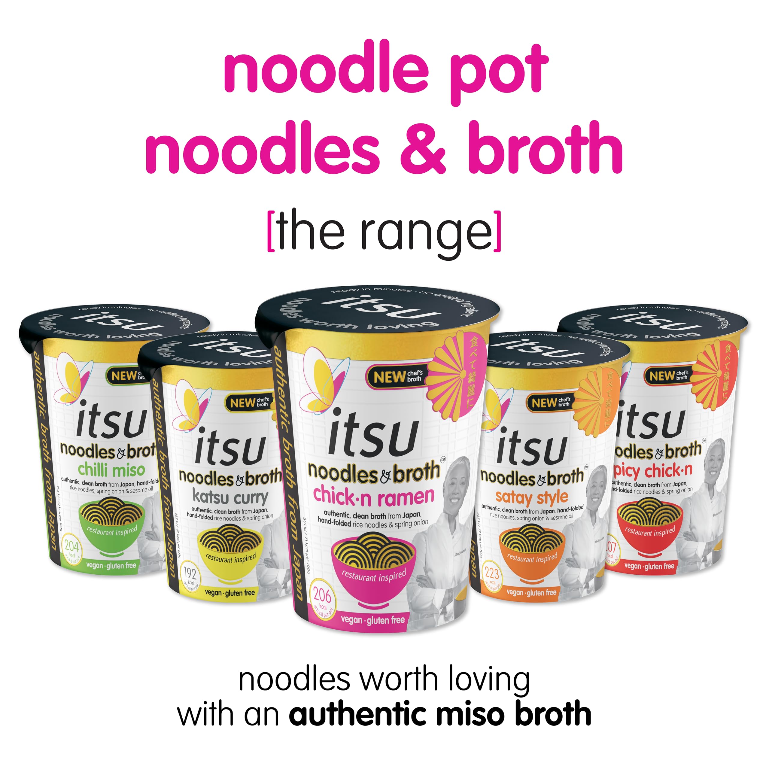 Itsu Chicken Ramen Instantnudeln & Brühe Topf 64 g – 6er-Pack | Glutenfrei | Vegan | Schnell zubereiteter Snack