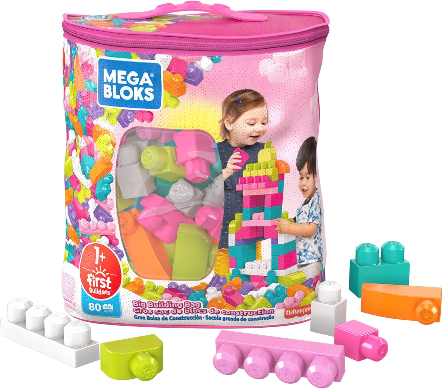 Mega Bloks First Builders Big Building Bag - 80-Piece Pink Building Set for Toddlers 1