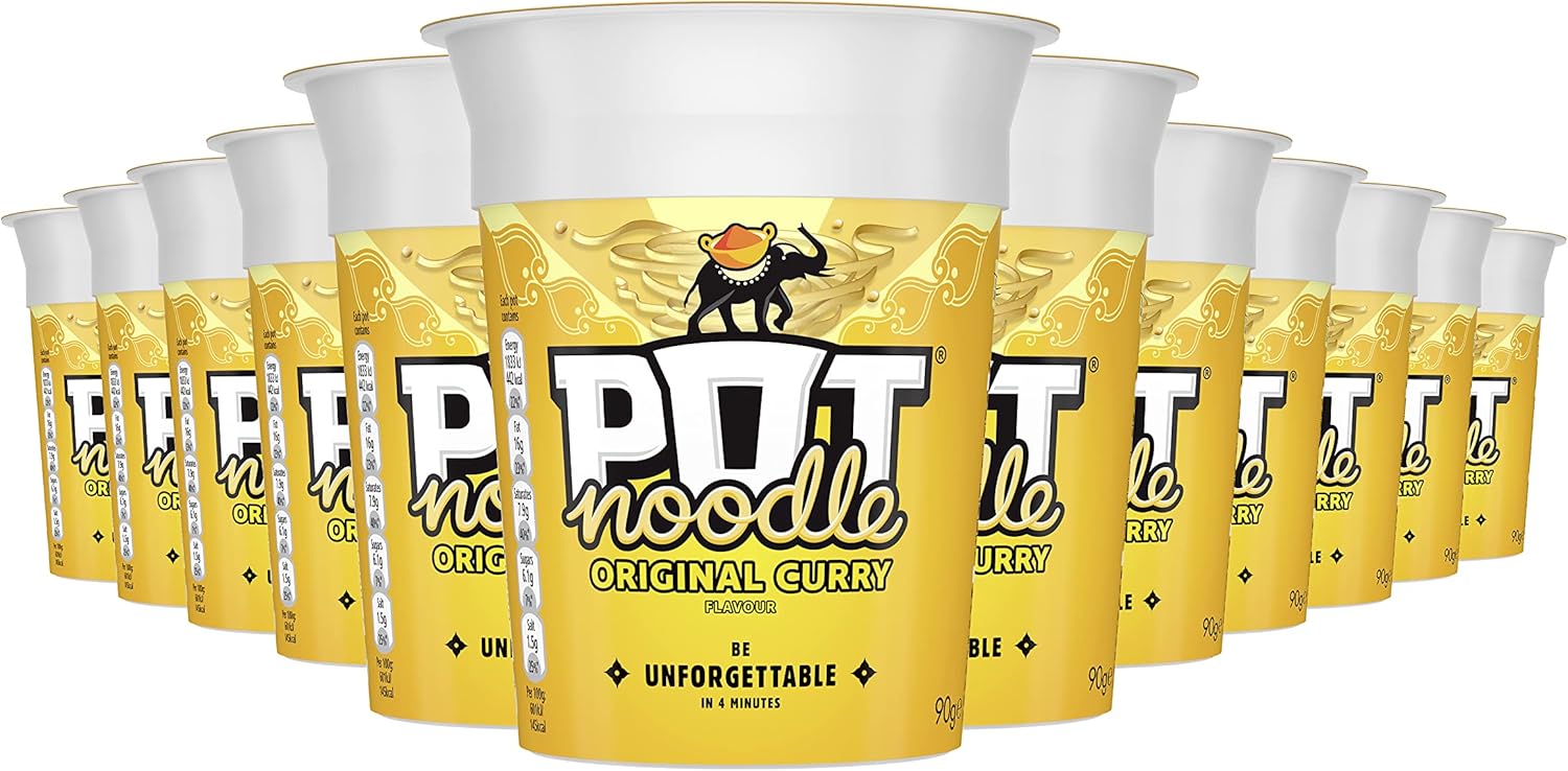Pot Noodle Original Curry Flavour, 90g Becher, 12er Pack – Schnelle vegetarische Instantnudeln mit Mango-Chutney im Beutel